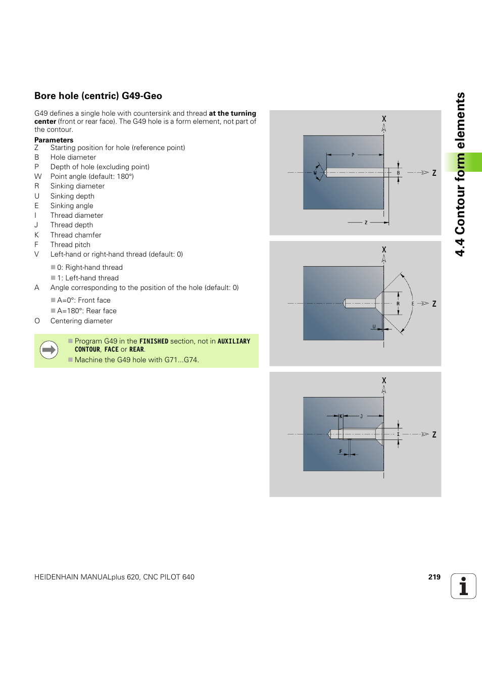 Bore hole (centric) g49-geo, 4 cont our f o rm elements | HEIDENHAIN SW 54843x-03 DIN Programming User Manual | Page 219 / 622