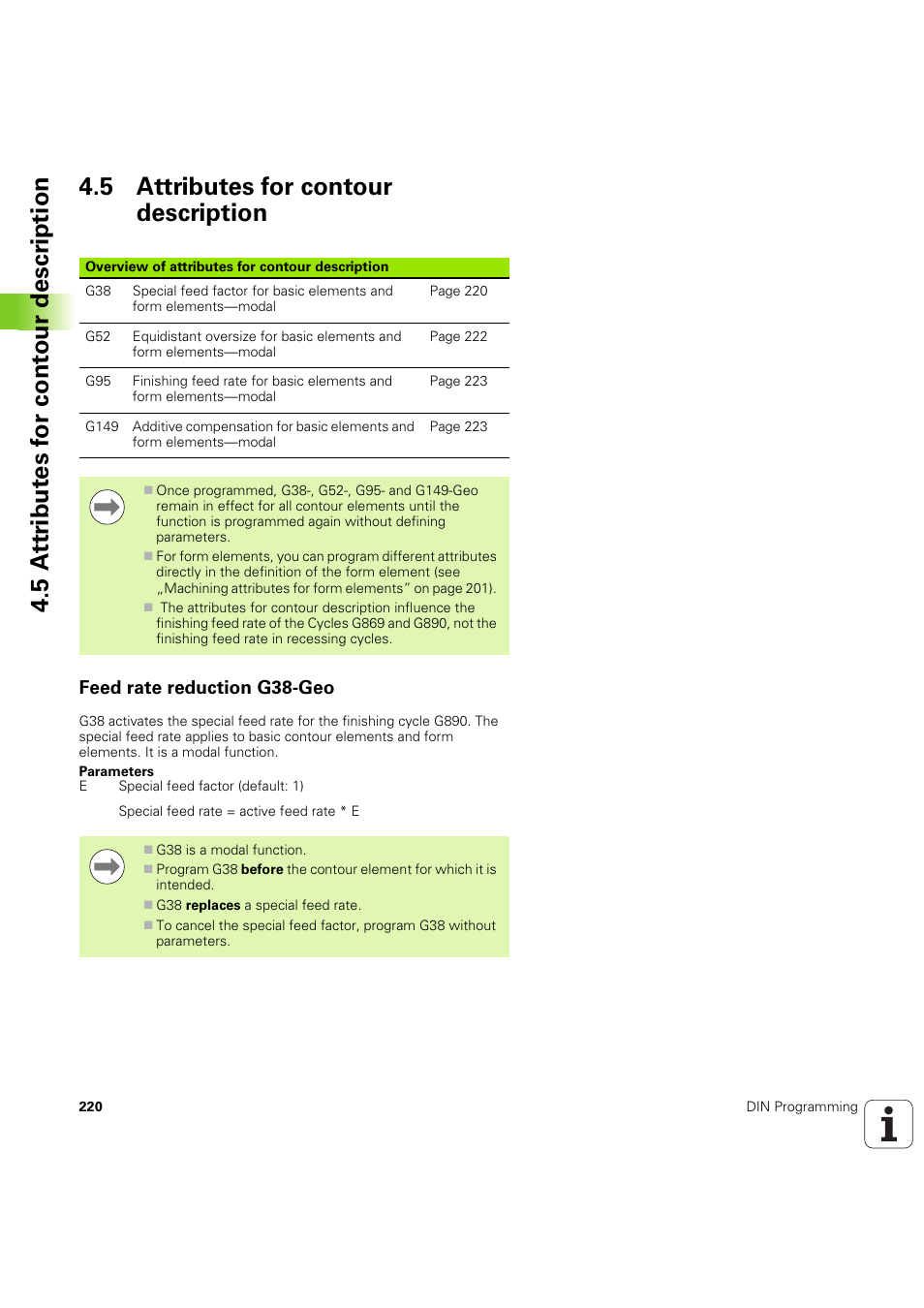 5 attributes for contour description, Feed rate reduction g38-geo | HEIDENHAIN SW 54843x-03 DIN Programming User Manual | Page 220 / 622