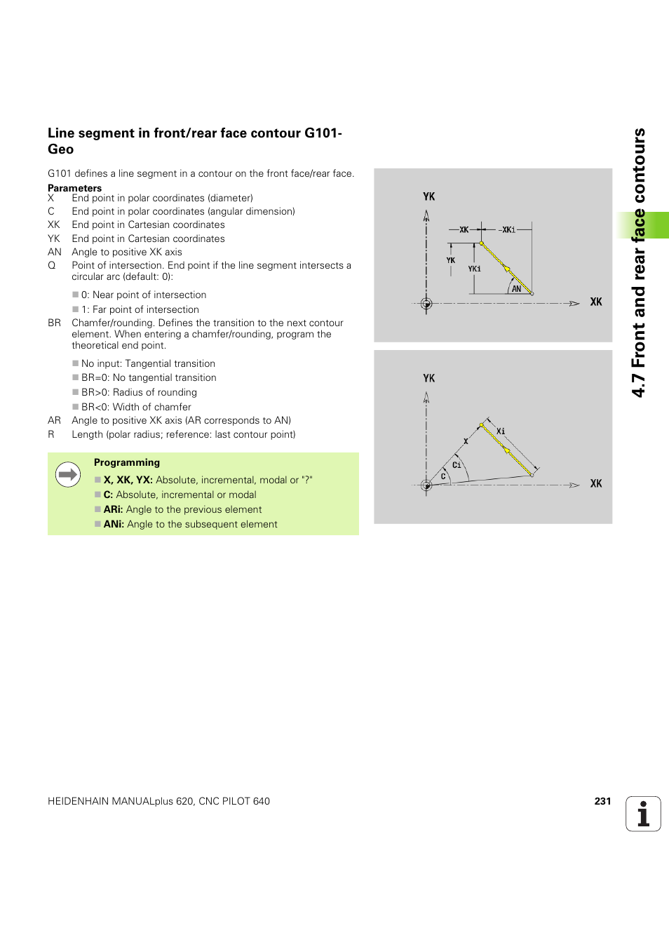 Line segment in front/rear face contour g101- geo, Line segment in front/rear face contour g101-geo, 7 f ront and r ear f a ce cont ours | HEIDENHAIN SW 54843x-03 DIN Programming User Manual | Page 231 / 622