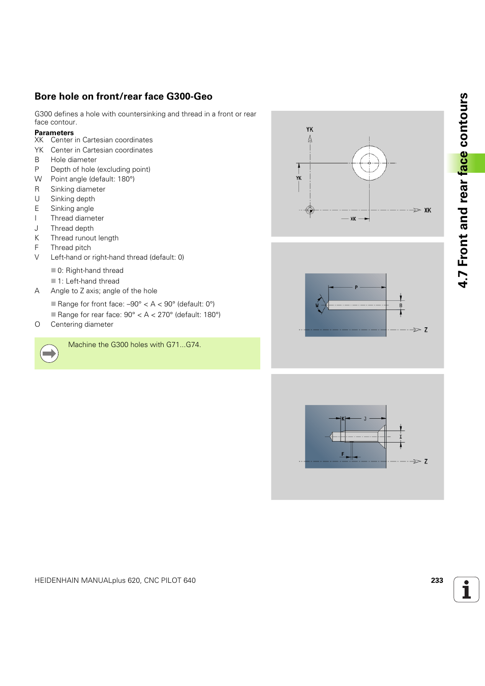 Bore hole on front/rear face g300-geo, 7 f ront and r ear f a ce cont ours | HEIDENHAIN SW 54843x-03 DIN Programming User Manual | Page 233 / 622