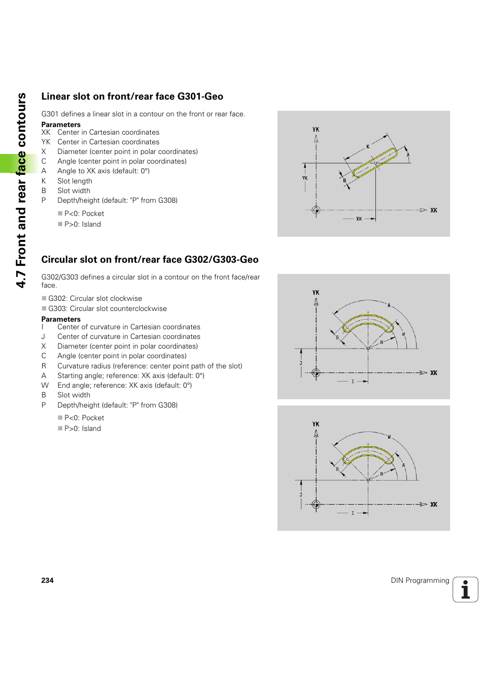 Linear slot on front/rear face g301-geo, Circular slot on front/rear face g302/g303-geo, 7 f ront and r ear f a ce cont ours | HEIDENHAIN SW 54843x-03 DIN Programming User Manual | Page 234 / 622
