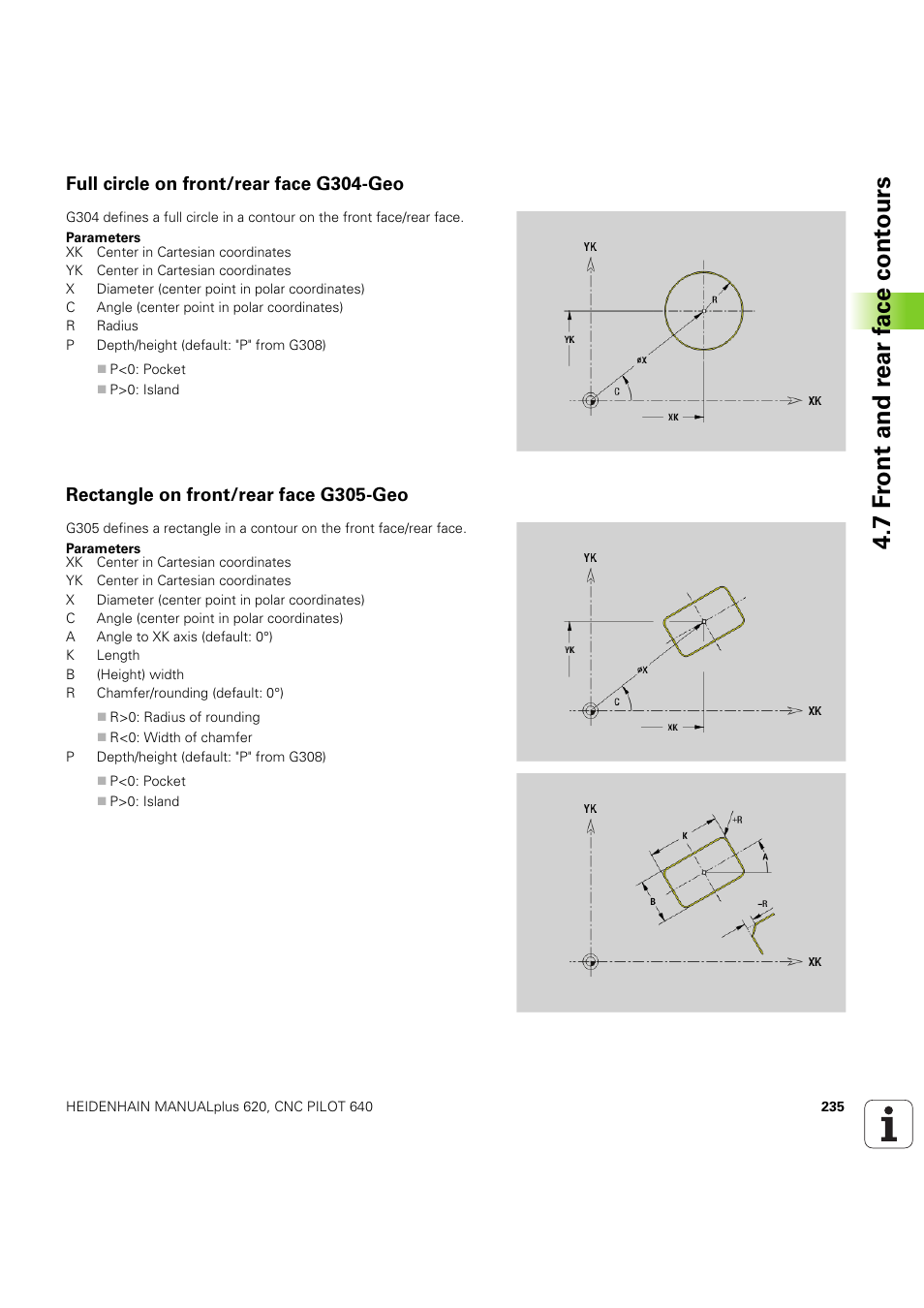 Full circle on front/rear face g304-geo, Rectangle on front/rear face g305-geo, 7 f ront and r ear f a ce cont ours | HEIDENHAIN SW 54843x-03 DIN Programming User Manual | Page 235 / 622