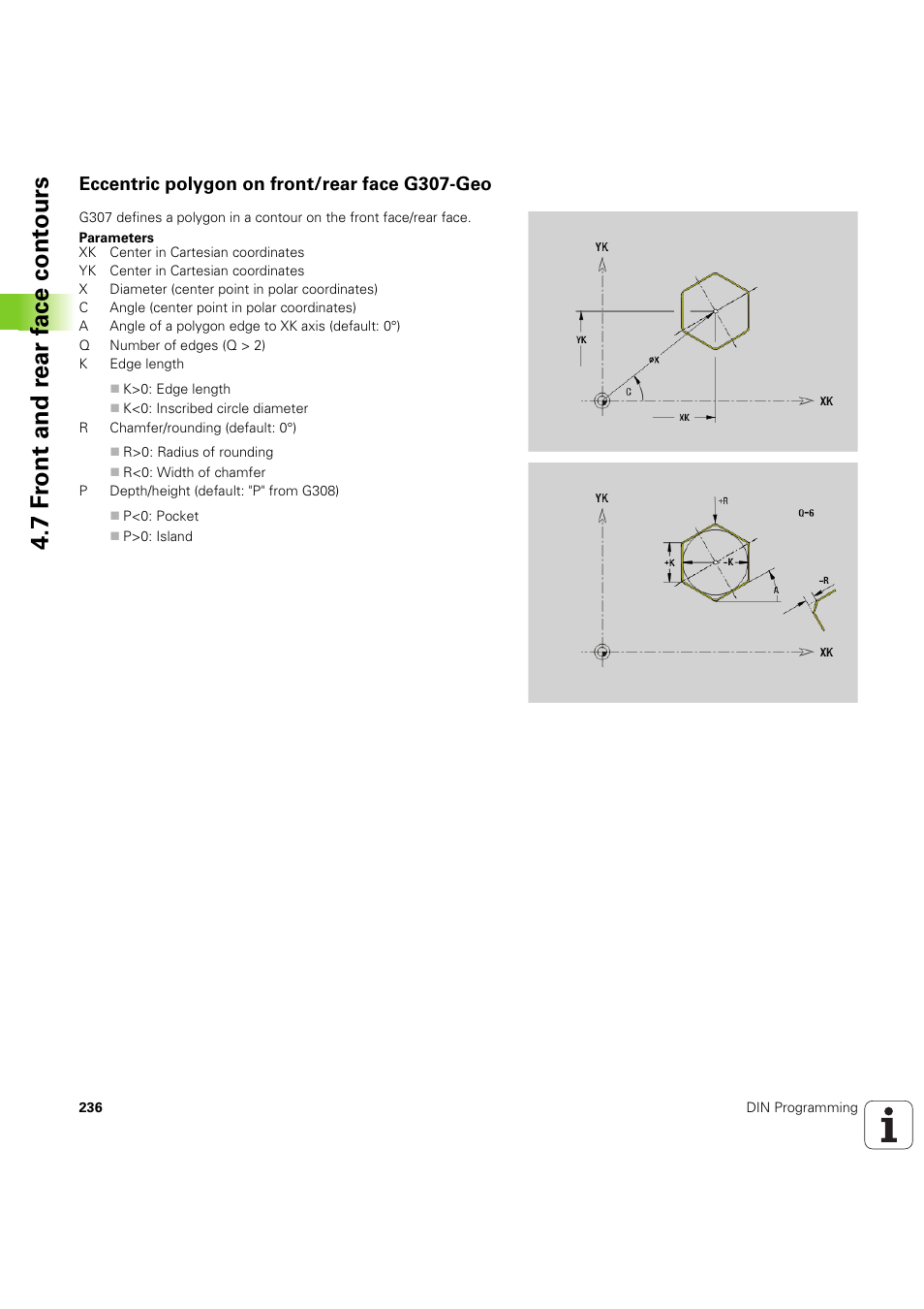 Eccentric polygon on front/rear face g307-geo, 7 f ront and r ear f a ce cont ours | HEIDENHAIN SW 54843x-03 DIN Programming User Manual | Page 236 / 622