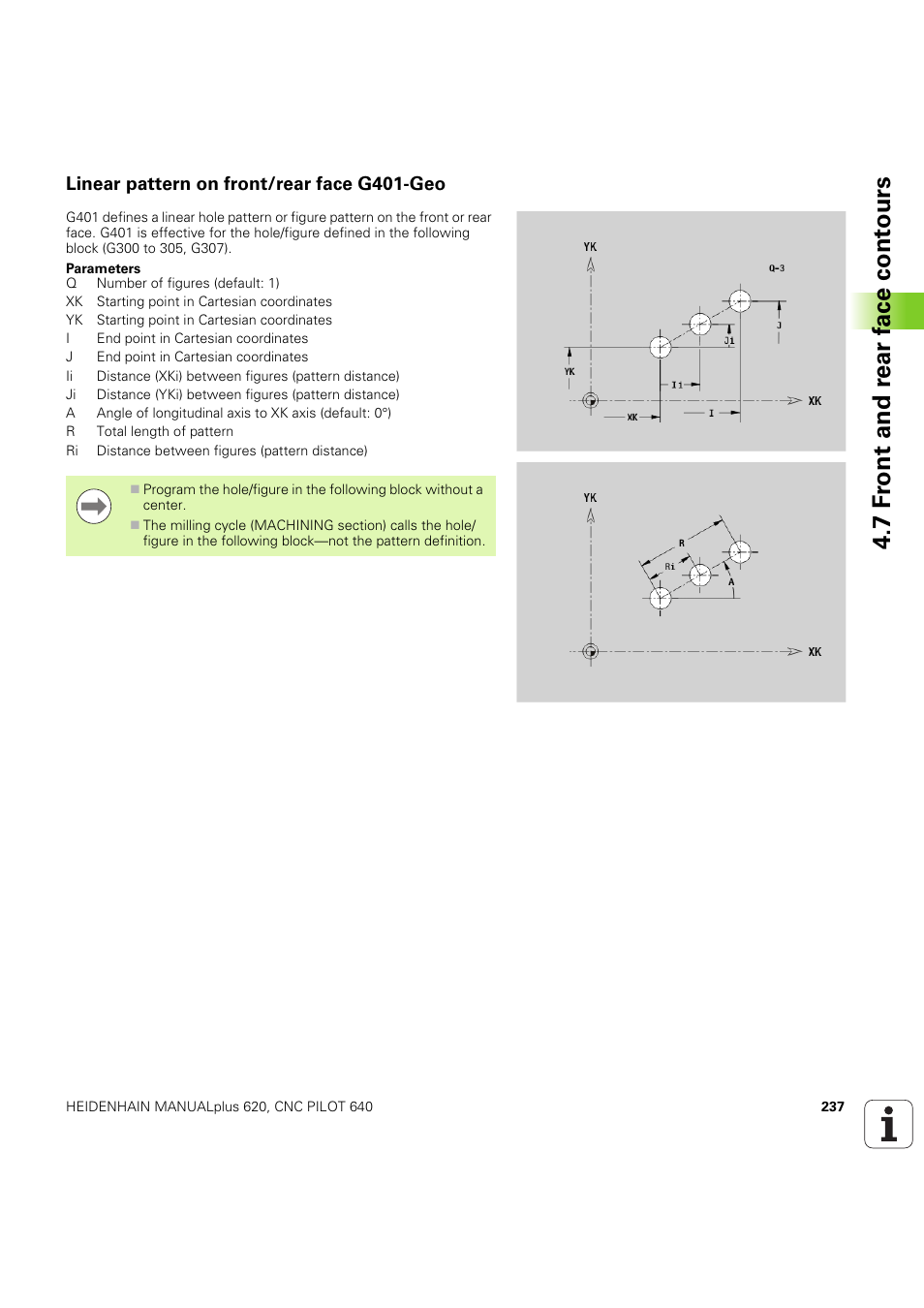 Linear pattern on front/rear face g401-geo, 7 f ront and r ear f a ce cont ours | HEIDENHAIN SW 54843x-03 DIN Programming User Manual | Page 237 / 622