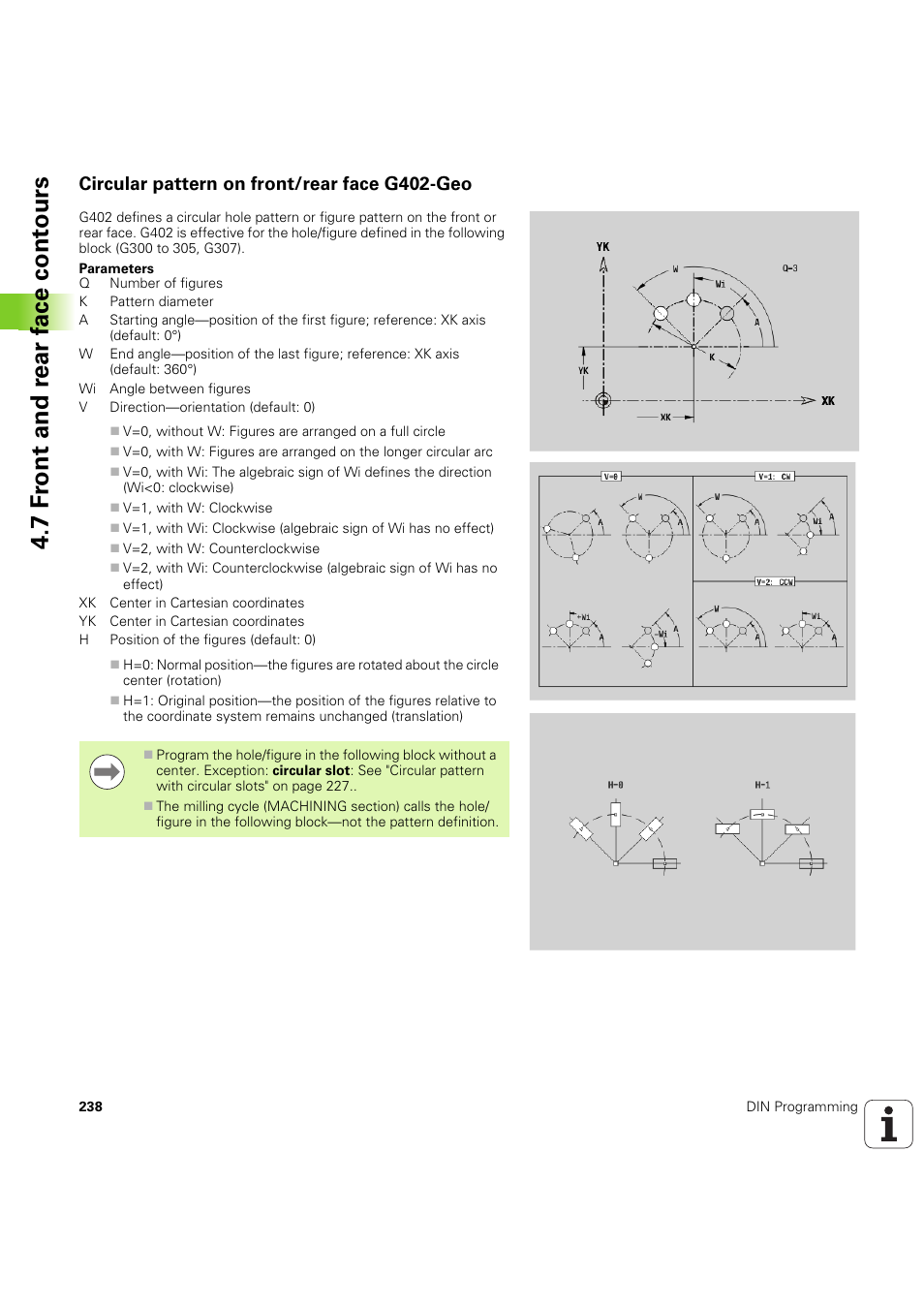 Circular pattern on front/rear face g402-geo, 7 f ront and r ear f a ce cont ours | HEIDENHAIN SW 54843x-03 DIN Programming User Manual | Page 238 / 622