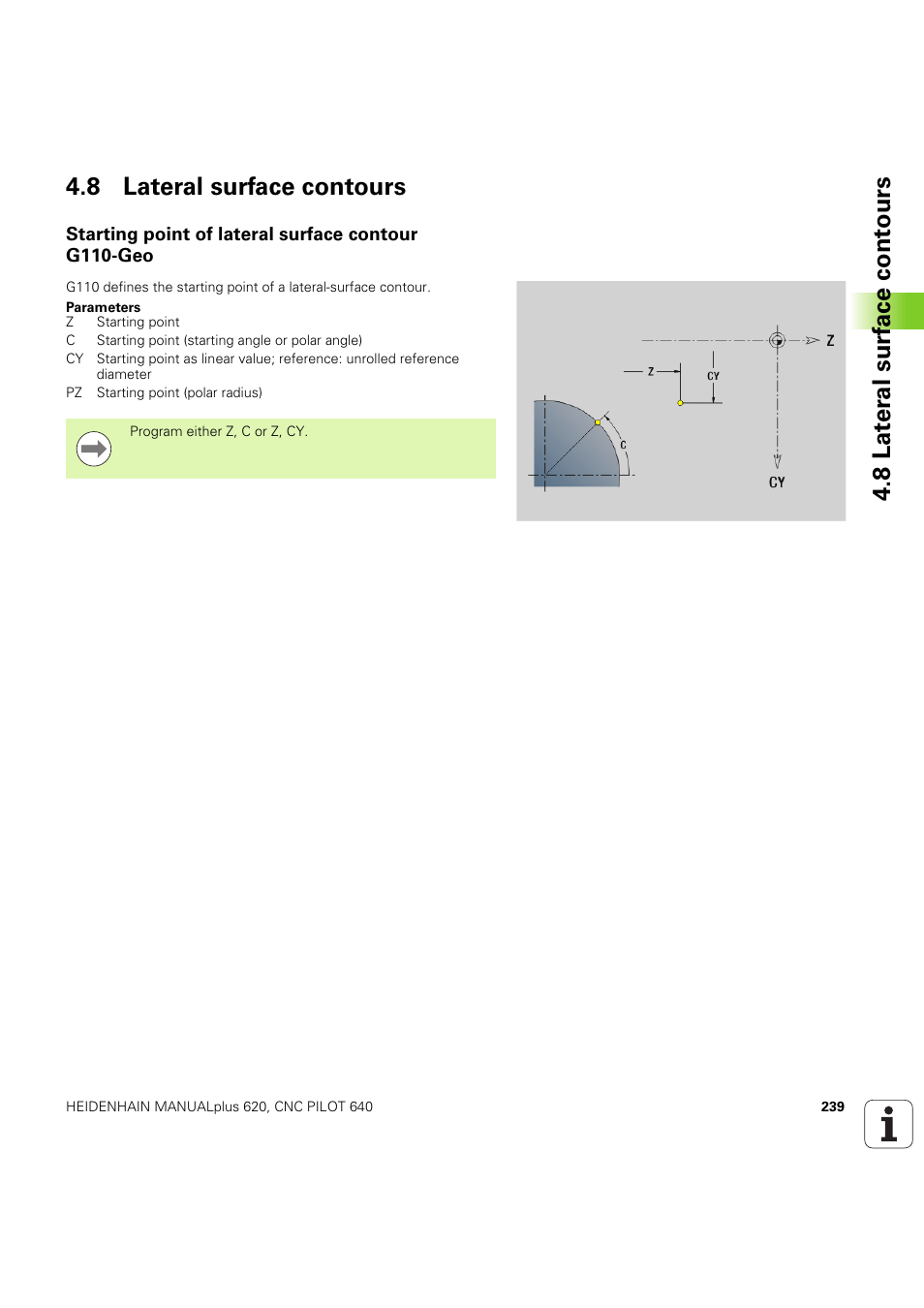 8 lateral surface contours, Starting point of lateral surface contour g110-geo | HEIDENHAIN SW 54843x-03 DIN Programming User Manual | Page 239 / 622