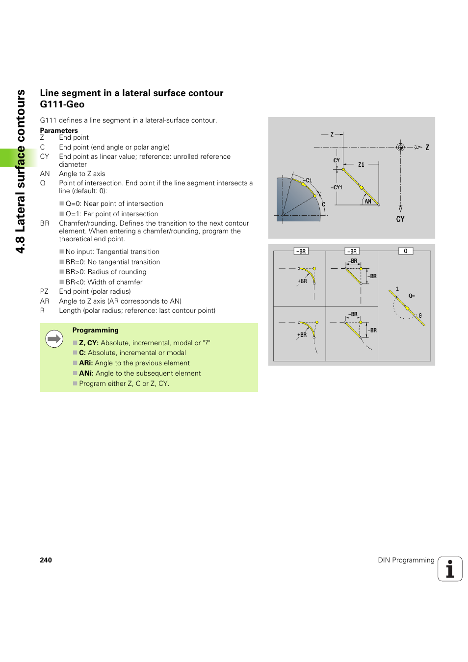 Line segment in a lateral surface contour g111-geo, 8 lat er al surf ace cont ours | HEIDENHAIN SW 54843x-03 DIN Programming User Manual | Page 240 / 622