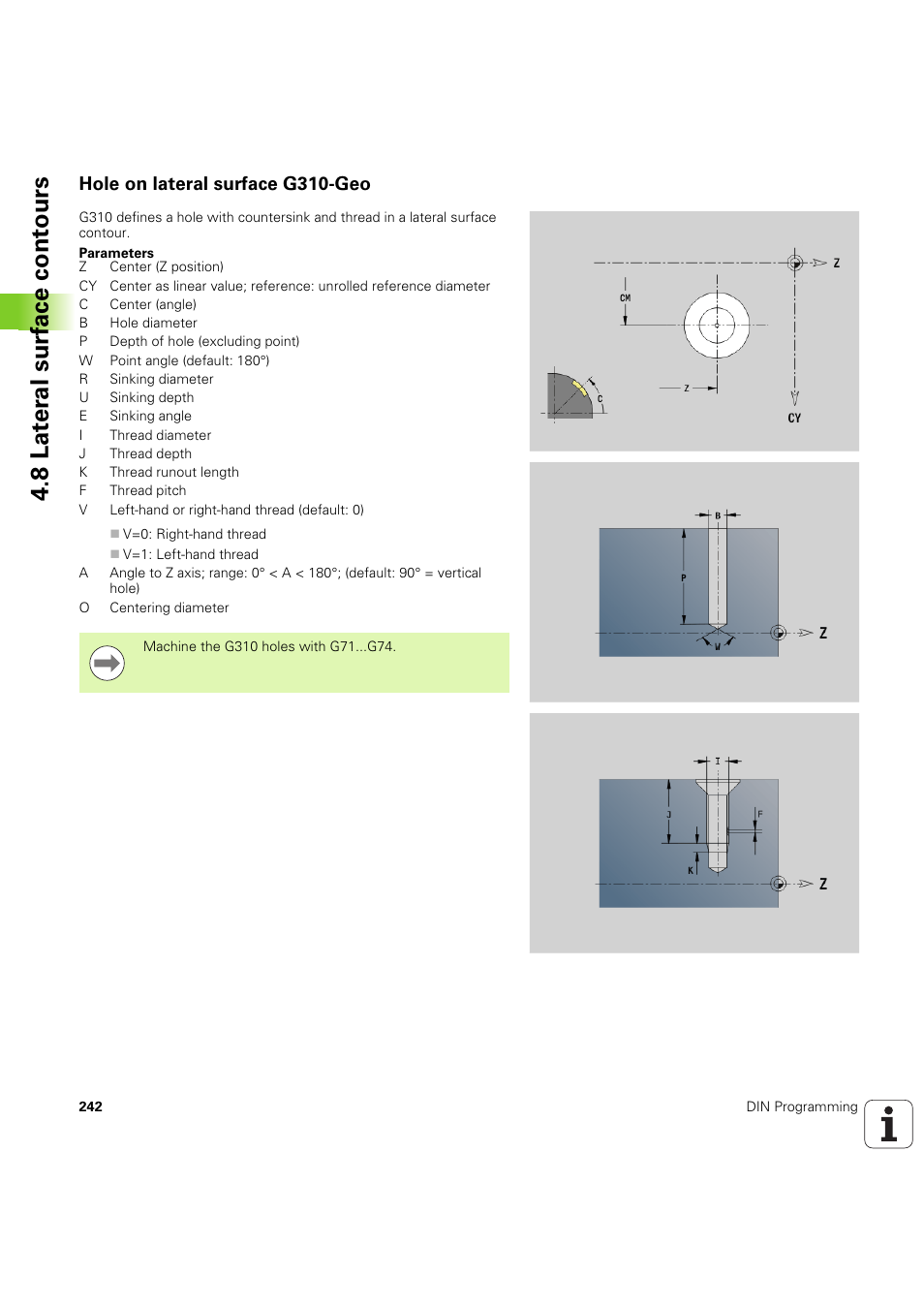Hole on lateral surface g310-geo, 8 lat er al surf ace cont ours | HEIDENHAIN SW 54843x-03 DIN Programming User Manual | Page 242 / 622