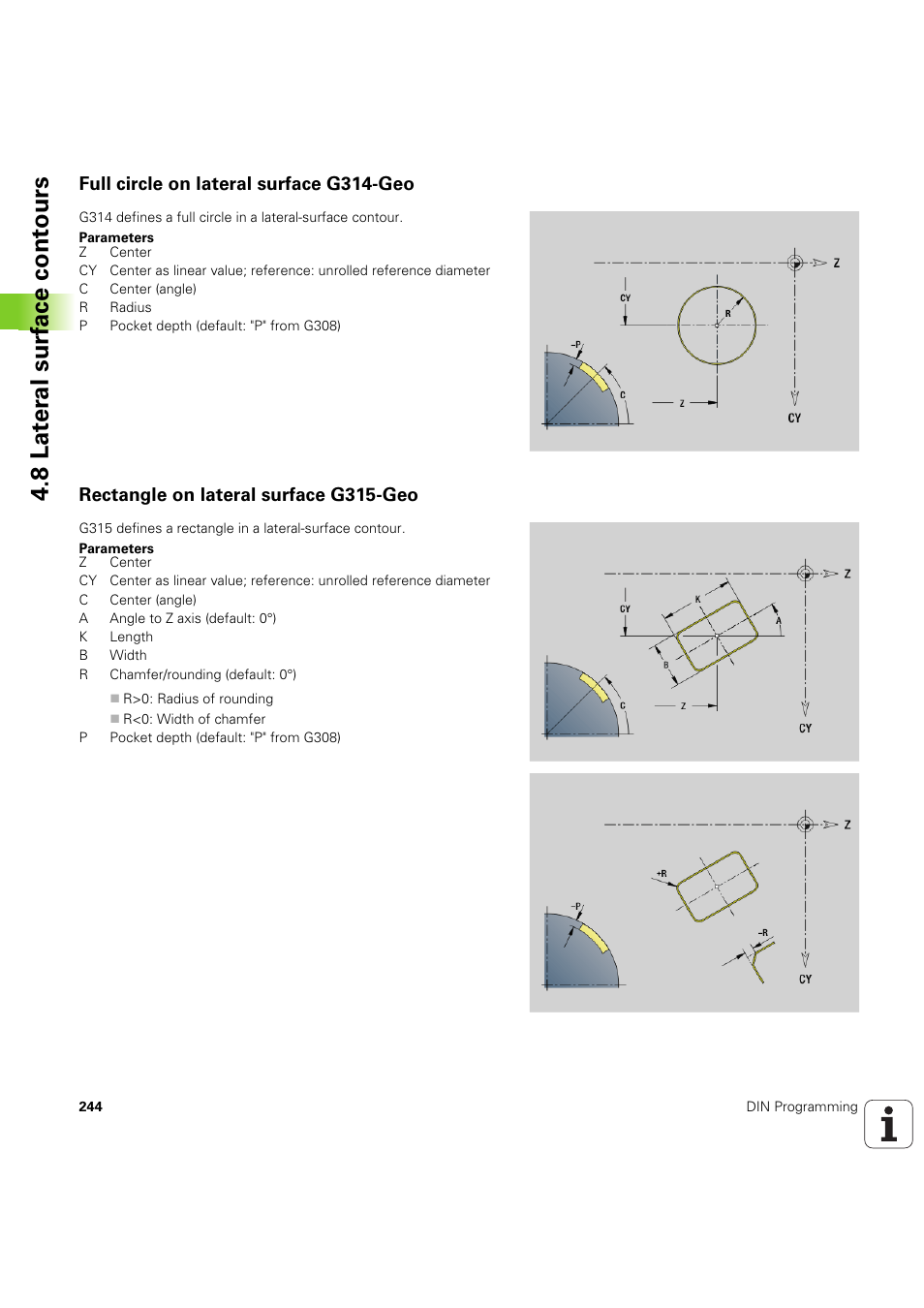 Full circle on lateral surface g314-geo, Rectangle on lateral surface g315-geo, 8 lat er al surf ace cont ours | HEIDENHAIN SW 54843x-03 DIN Programming User Manual | Page 244 / 622