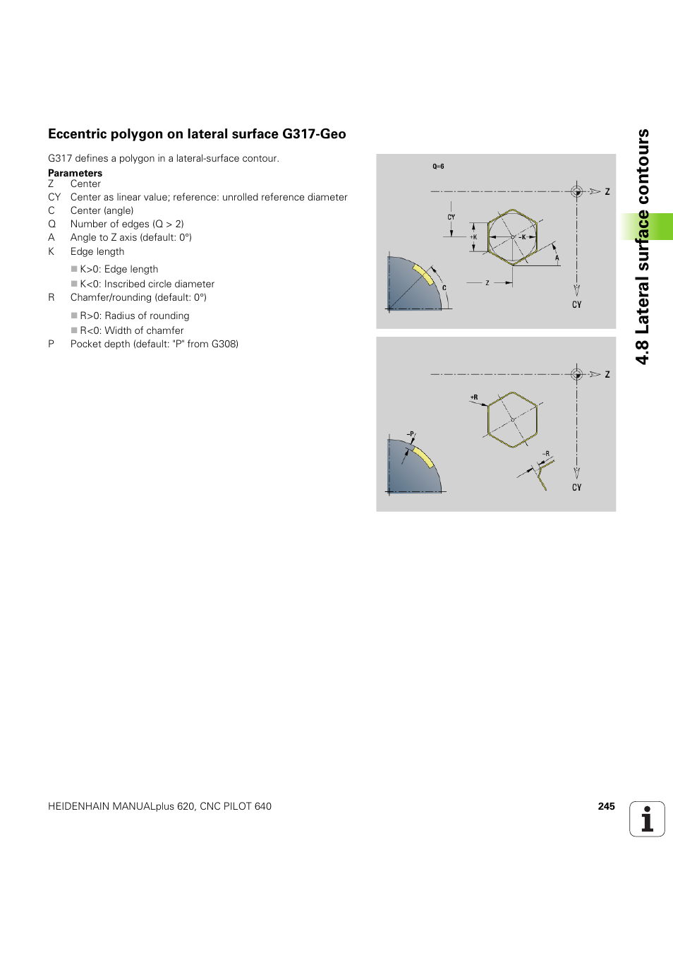 Eccentric polygon on lateral surface g317-geo, 8 lat er al surf ace cont ours | HEIDENHAIN SW 54843x-03 DIN Programming User Manual | Page 245 / 622