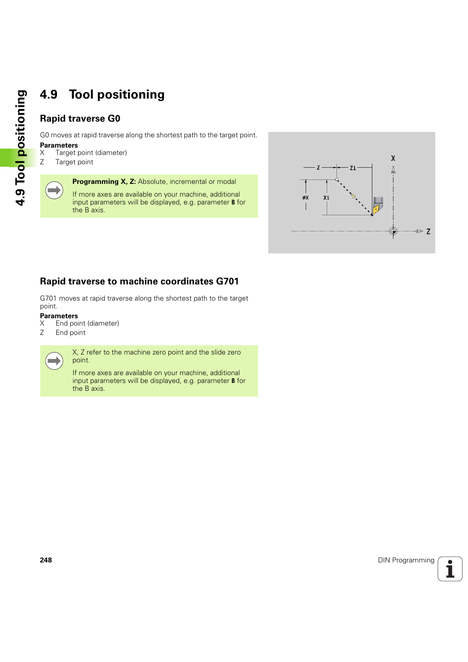 9 tool positioning, Rapid traverse g0, Rapid traverse to machine coordinates g701 | 9 t o ol positioning 4.9 tool positioning | HEIDENHAIN SW 54843x-03 DIN Programming User Manual | Page 248 / 622