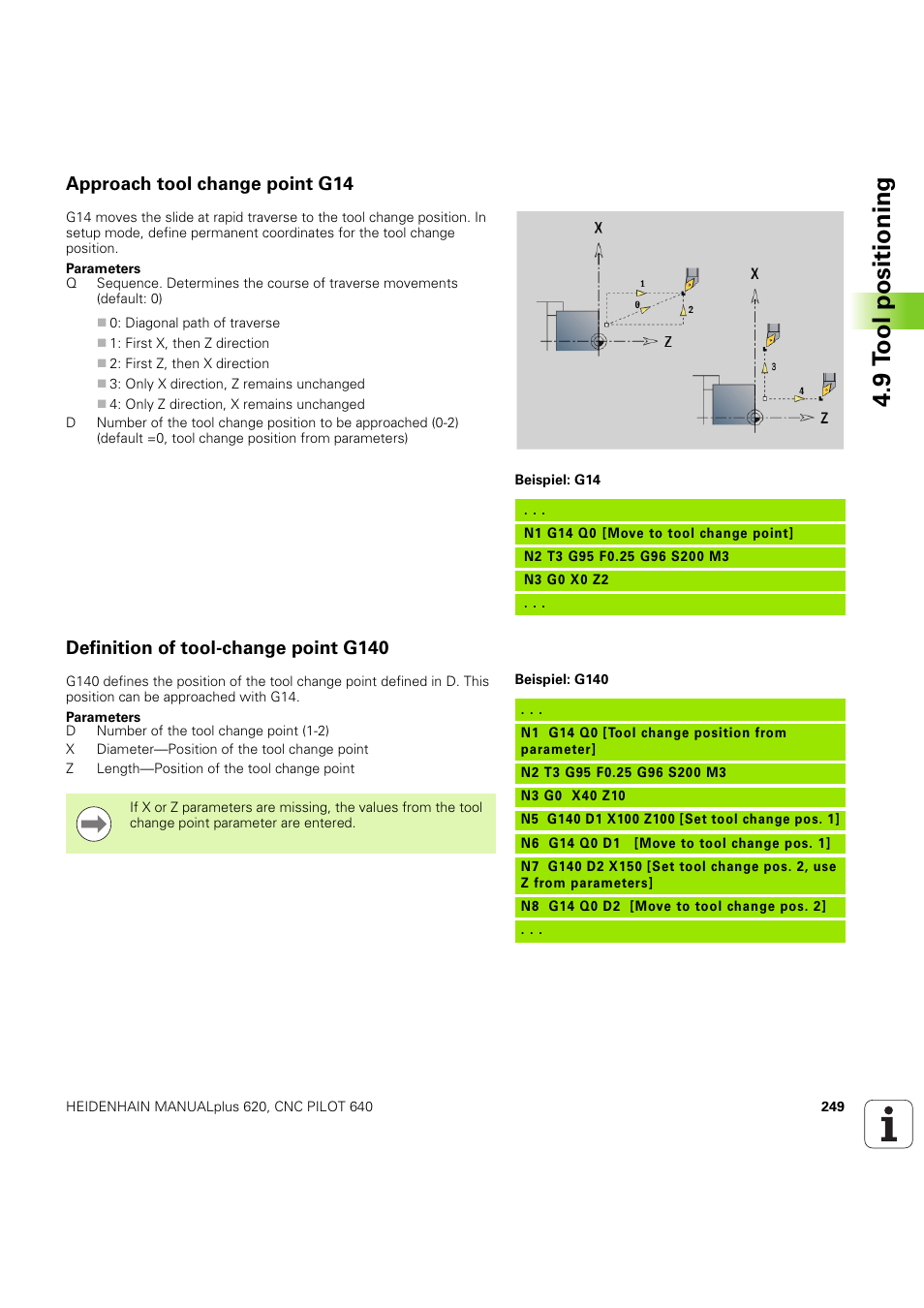 Approach tool change point g14, Definition of tool-change point g140, 9 t o ol positioning | HEIDENHAIN SW 54843x-03 DIN Programming User Manual | Page 249 / 622