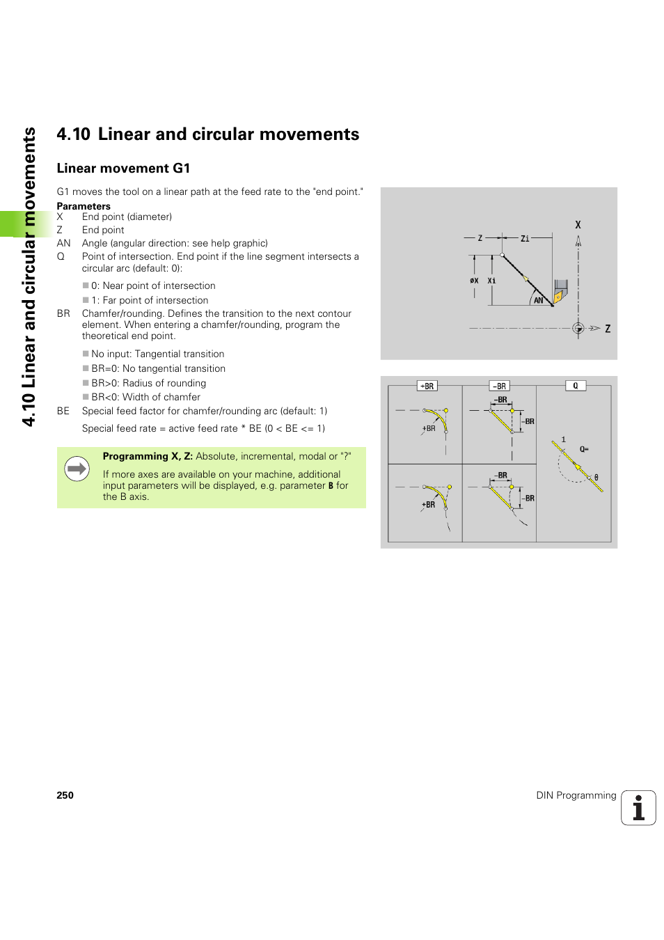 10 linear and circular movements, Linear movement g1 | HEIDENHAIN SW 54843x-03 DIN Programming User Manual | Page 250 / 622