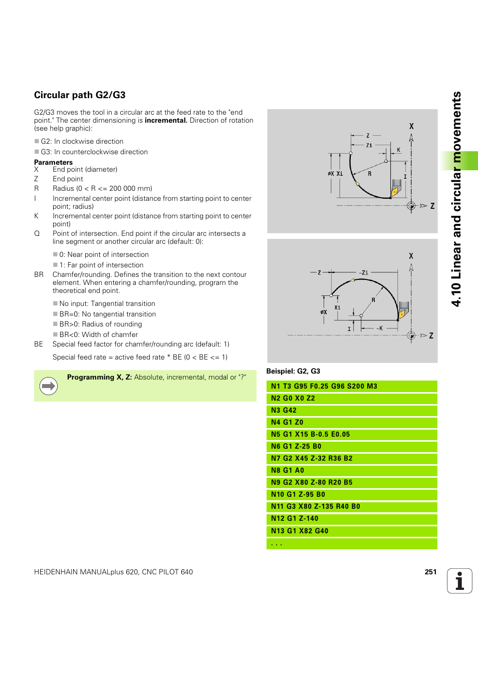 Circular path g2/g3, 1 0 linear and cir c ular mo v e ments | HEIDENHAIN SW 54843x-03 DIN Programming User Manual | Page 251 / 622