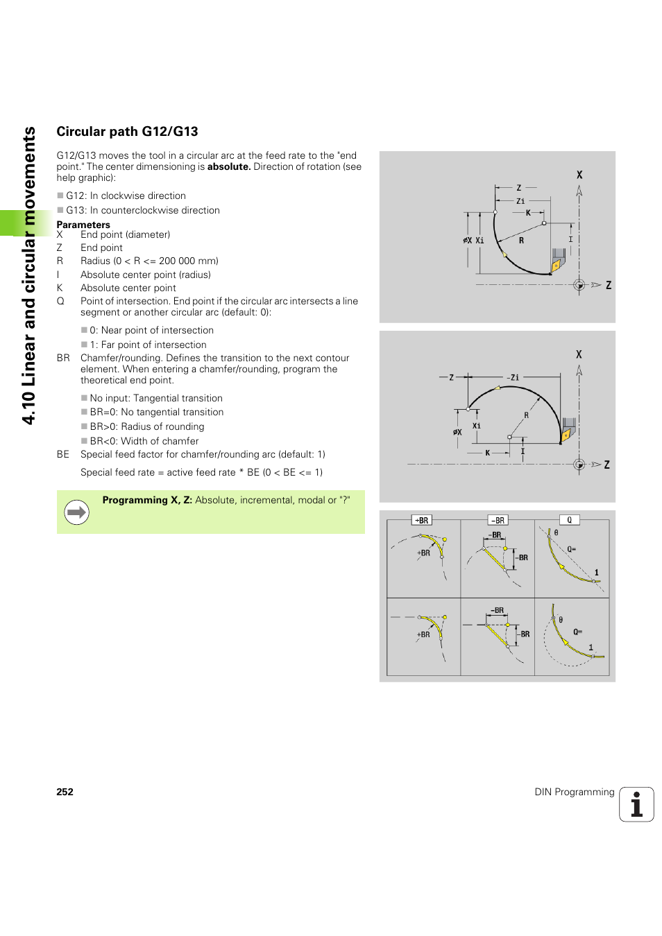 Circular path g12/g13, 1 0 linear and cir c ular mo v e ments | HEIDENHAIN SW 54843x-03 DIN Programming User Manual | Page 252 / 622