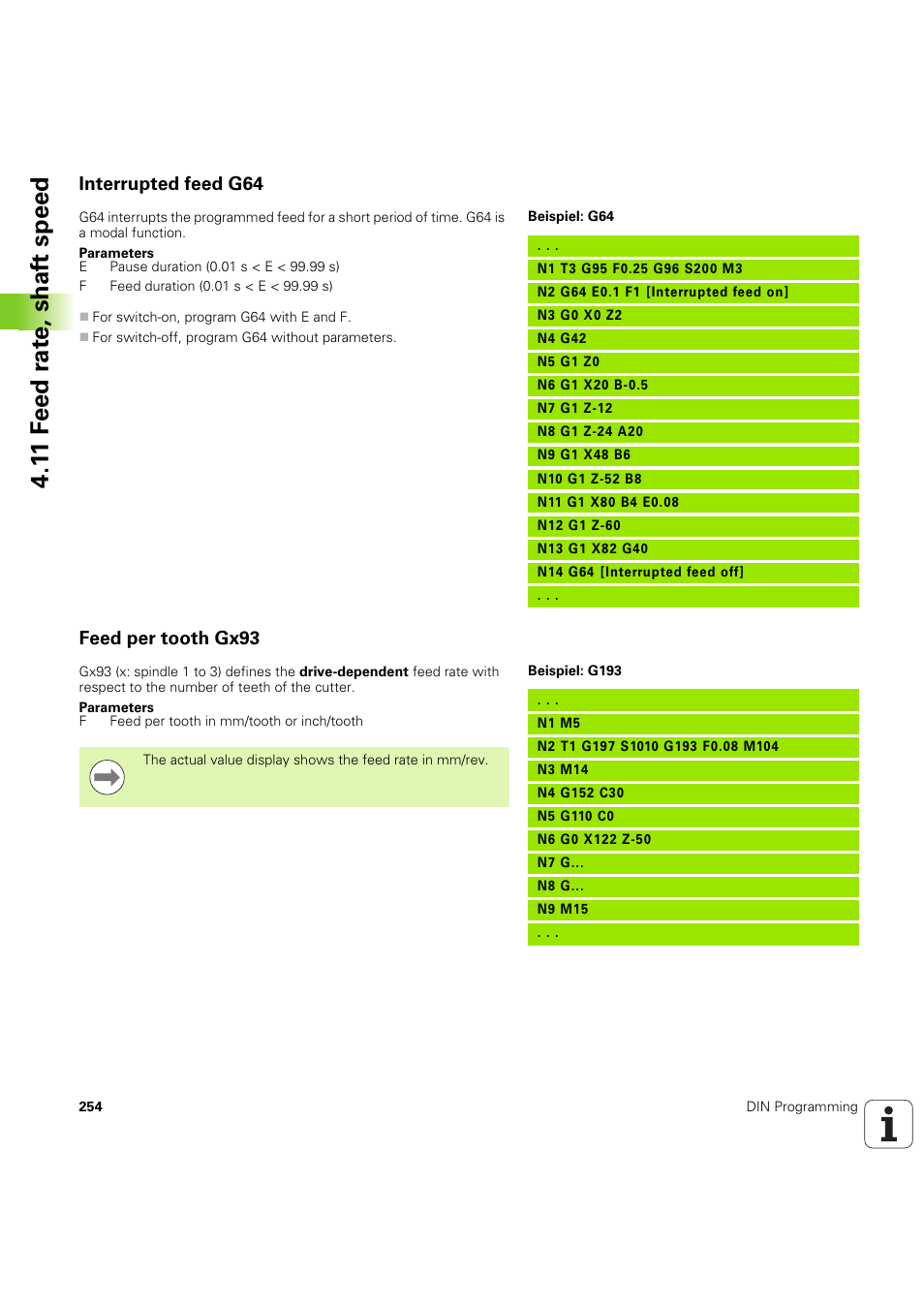 Interrupted feed g64, Feed per tooth gx93, 1 1 f eed r a te , shaf t speed | HEIDENHAIN SW 54843x-03 DIN Programming User Manual | Page 254 / 622