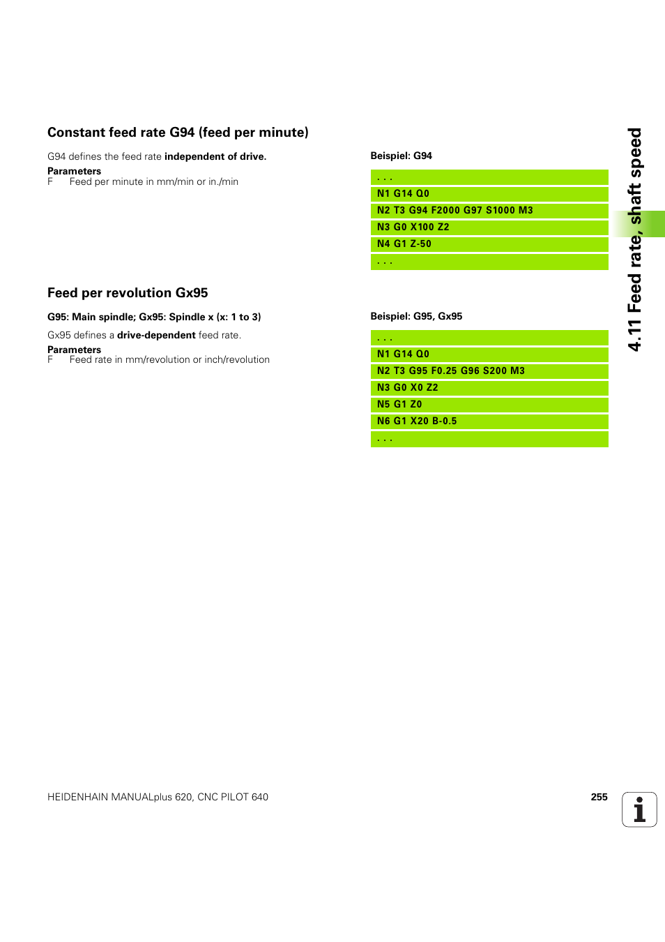 Constant feed rate g94 (feed per minute), Feed per revolution gx95, 1 1 f eed r a te , shaf t speed | HEIDENHAIN SW 54843x-03 DIN Programming User Manual | Page 255 / 622