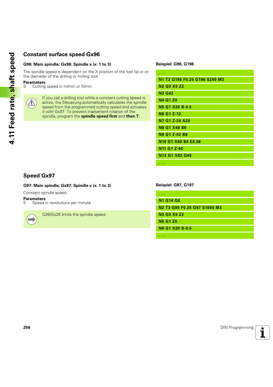 Constant surface speed gx96, Speed gx97, 1 1 f eed r a te , shaf t speed | HEIDENHAIN SW 54843x-03 DIN Programming User Manual | Page 256 / 622