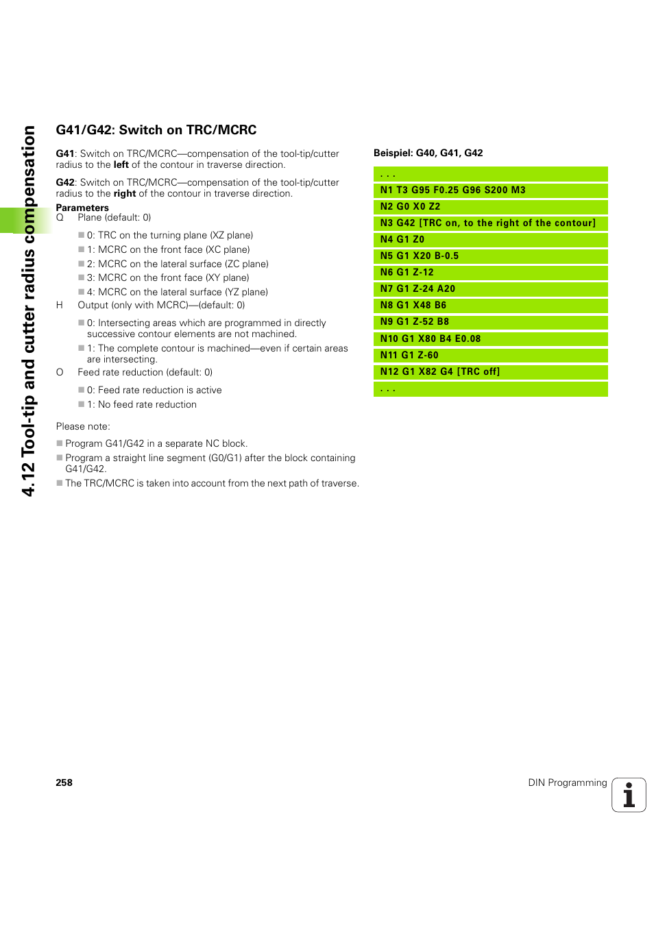 G41/g42: switch on trc/mcrc, 12 t ool-tip and cut ter r a dius compensation | HEIDENHAIN SW 54843x-03 DIN Programming User Manual | Page 258 / 622