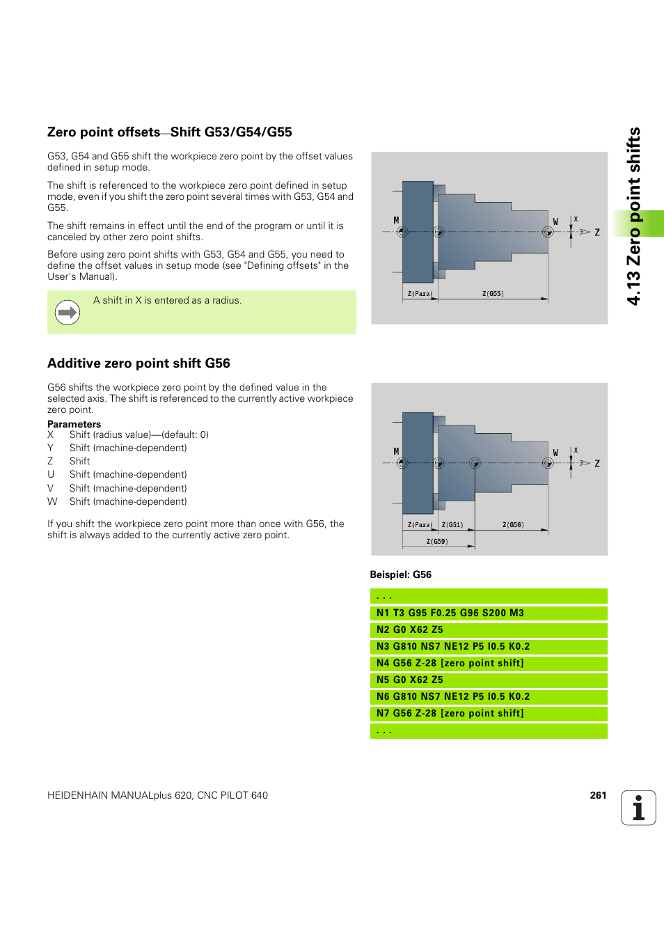 Zero point offsets—shift g53/g54/g55, Additive zero point shift g56, 13 zer o point shif ts | Zero point offsets | HEIDENHAIN SW 54843x-03 DIN Programming User Manual | Page 261 / 622