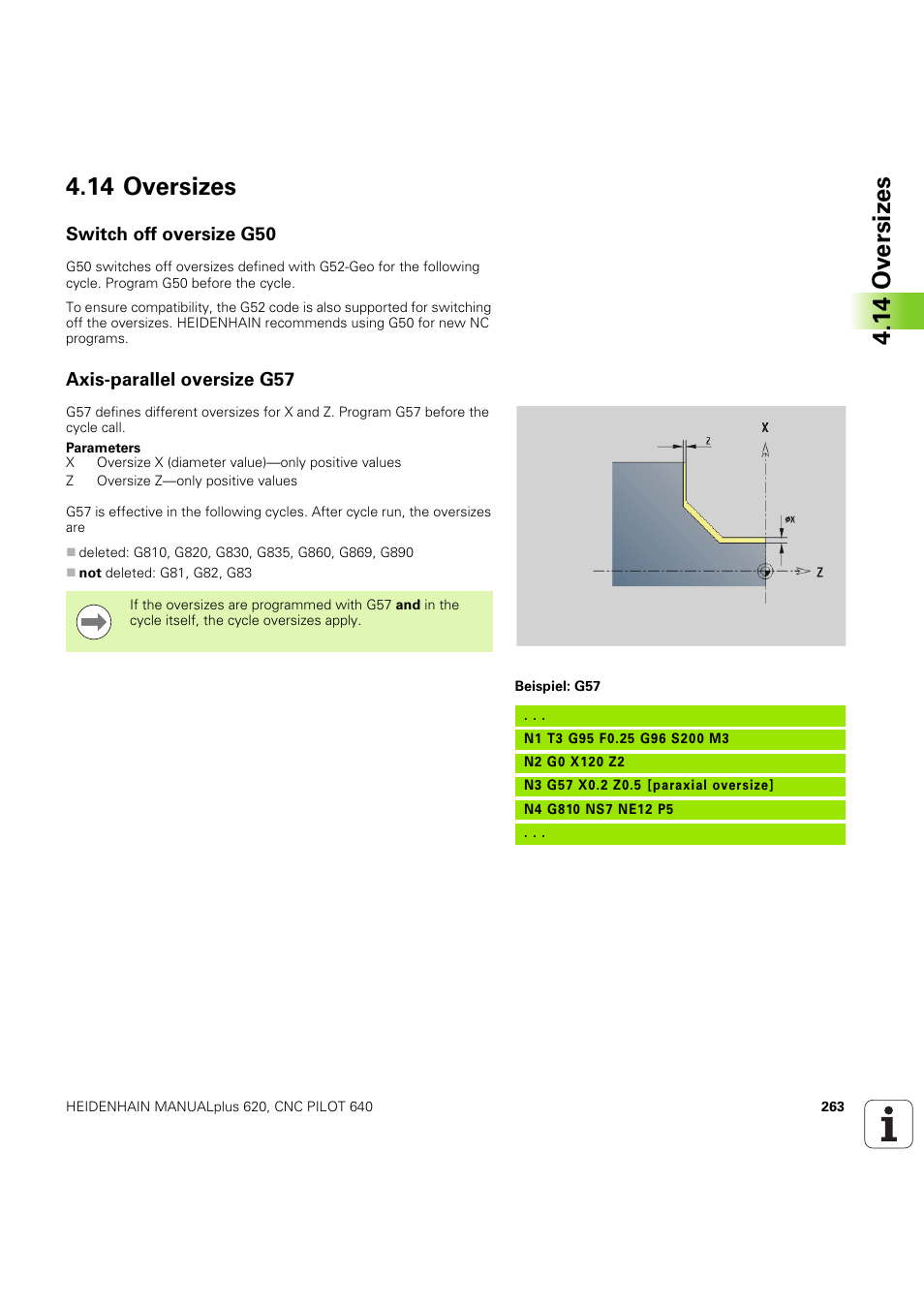 14 oversizes, Switch off oversize g50, Axis-parallel oversize g57 | HEIDENHAIN SW 54843x-03 DIN Programming User Manual | Page 263 / 622