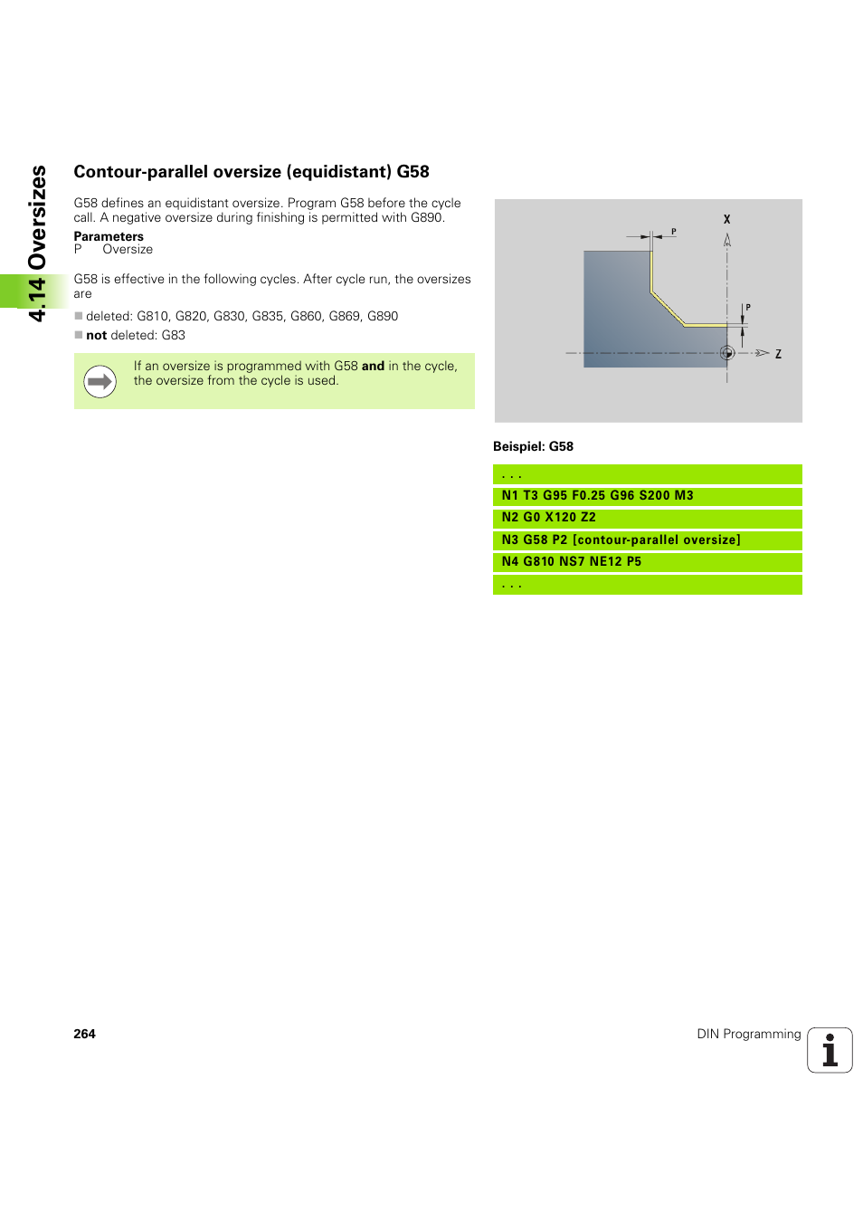 Contour-parallel oversize (equidistant) g58, 14 ov ersiz e s | HEIDENHAIN SW 54843x-03 DIN Programming User Manual | Page 264 / 622