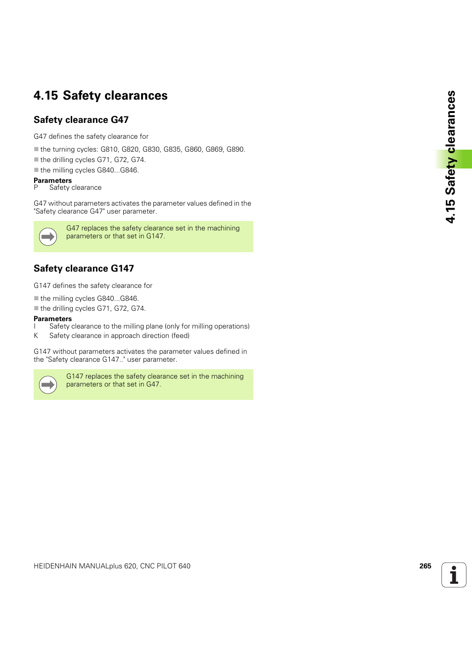 15 safety clearances, Safety clearance g47, Safety clearance g147 | HEIDENHAIN SW 54843x-03 DIN Programming User Manual | Page 265 / 622