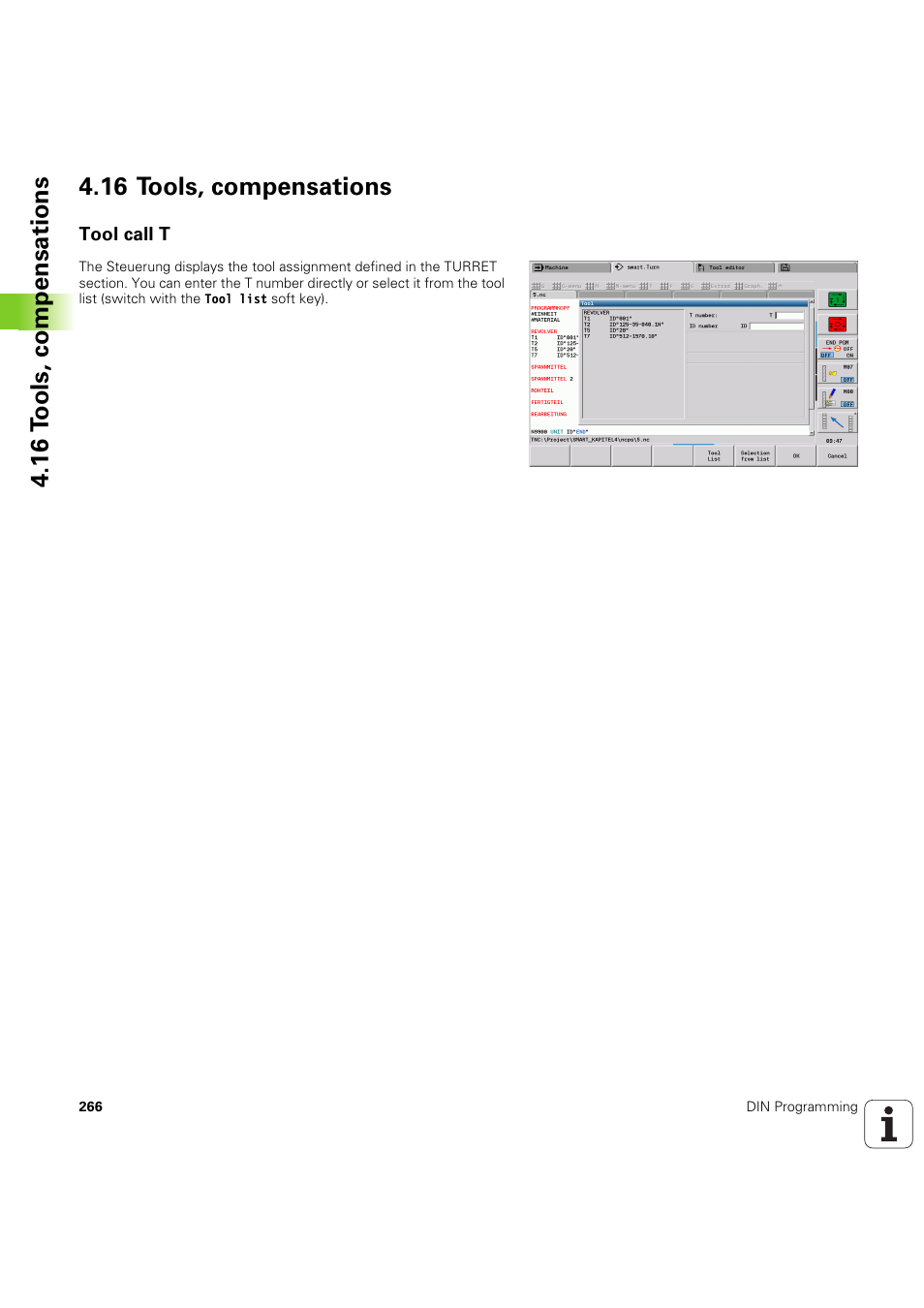 16 tools, compensations, Tool call t | HEIDENHAIN SW 54843x-03 DIN Programming User Manual | Page 266 / 622