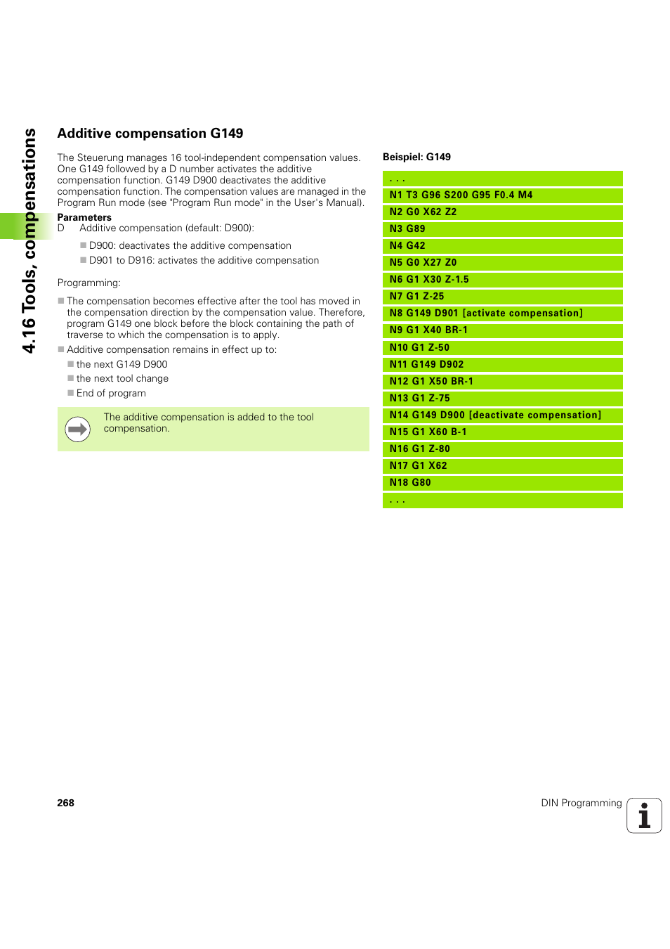 Additive compensation g149, 16 t ools, compensations | HEIDENHAIN SW 54843x-03 DIN Programming User Manual | Page 268 / 622