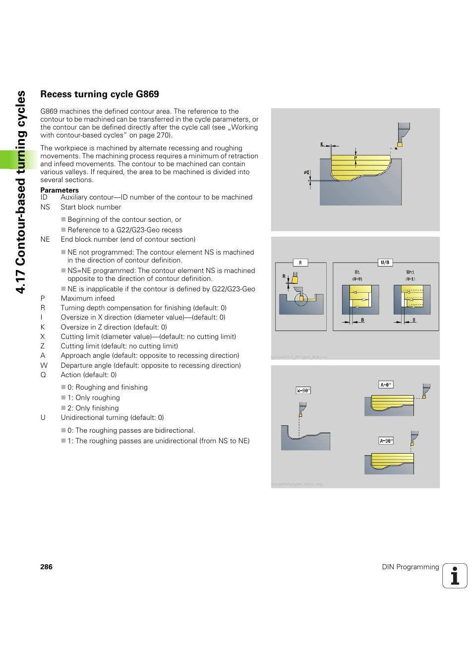Recess turning cycle g869, 1 7 cont our -based t u rn ing cy cles | HEIDENHAIN SW 54843x-03 DIN Programming User Manual | Page 286 / 622