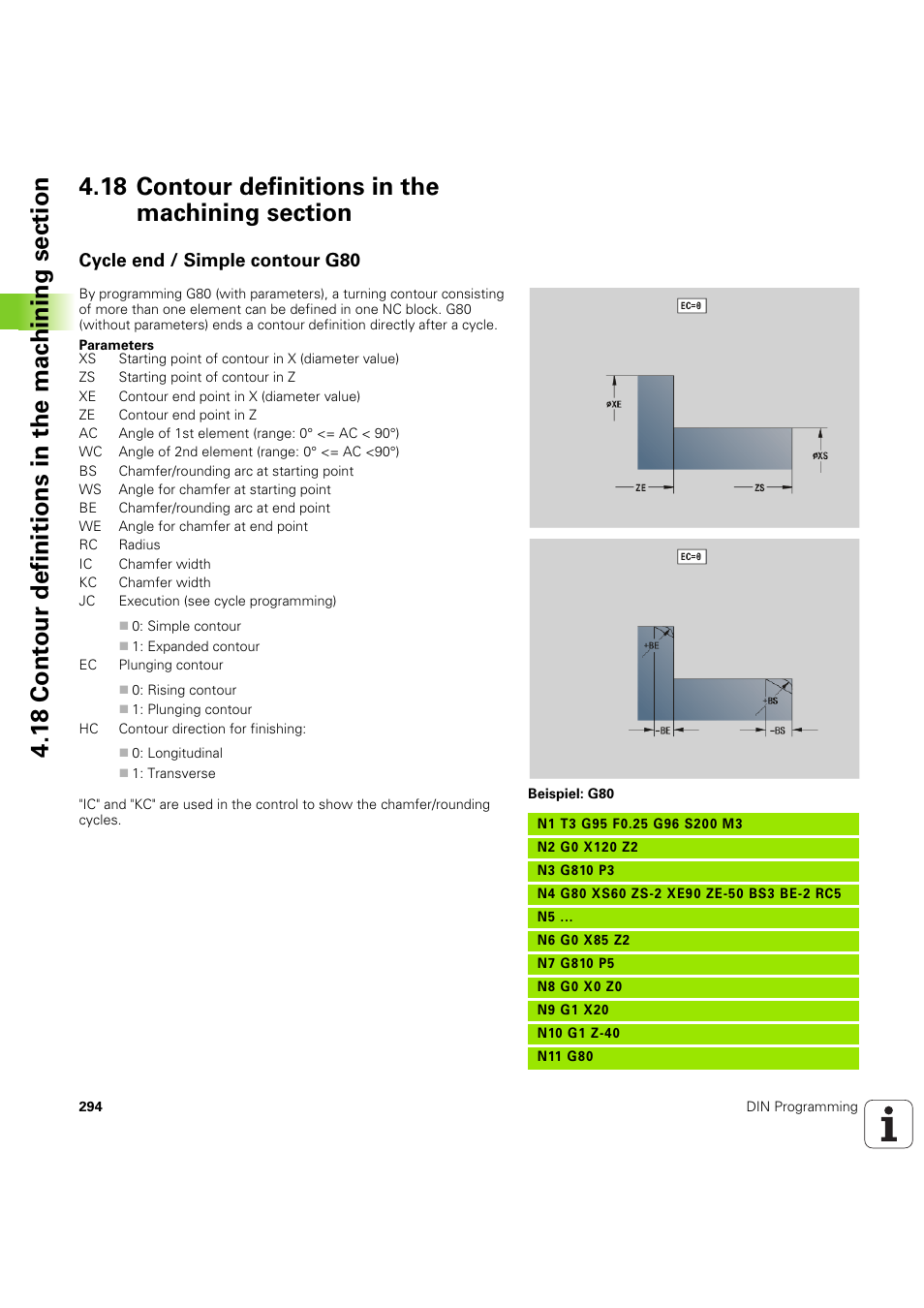 18 contour definitions in the machining section, Cycle end / simple contour g80 | HEIDENHAIN SW 54843x-03 DIN Programming User Manual | Page 294 / 622