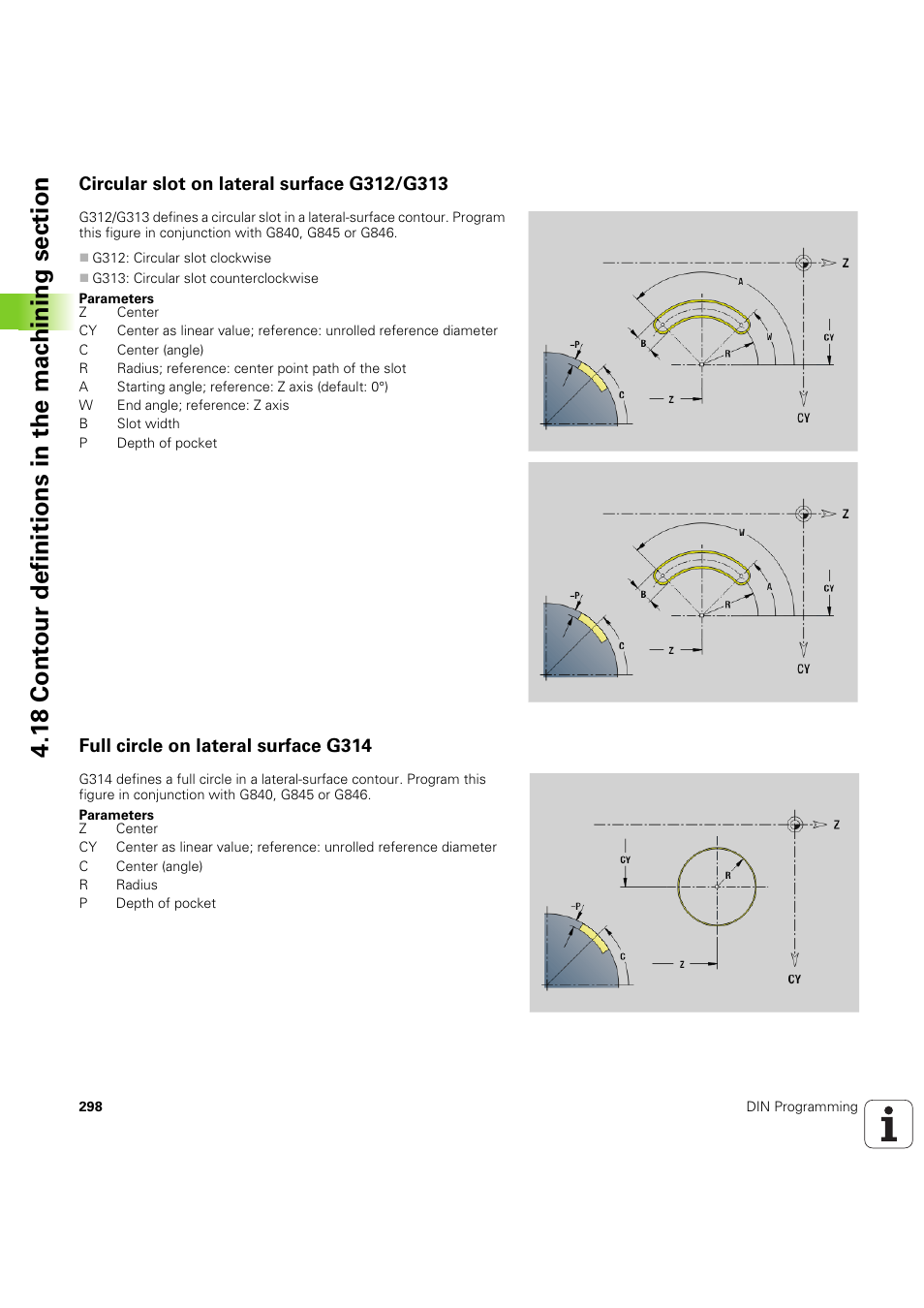 Circular slot on lateral surface g312/g313, Full circle on lateral surface g314 | HEIDENHAIN SW 54843x-03 DIN Programming User Manual | Page 298 / 622