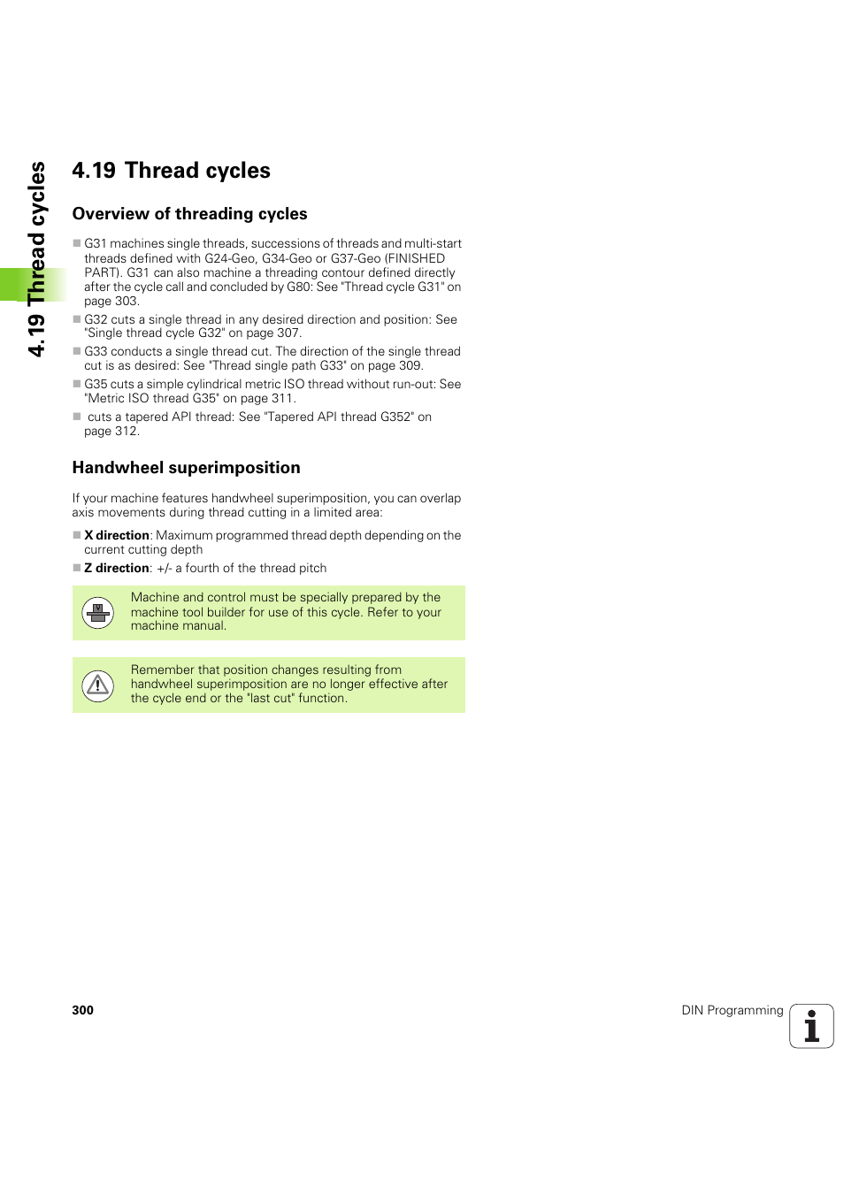 19 thread cycles, Overview of threading cycles, Handwheel superimposition | HEIDENHAIN SW 54843x-03 DIN Programming User Manual | Page 300 / 622