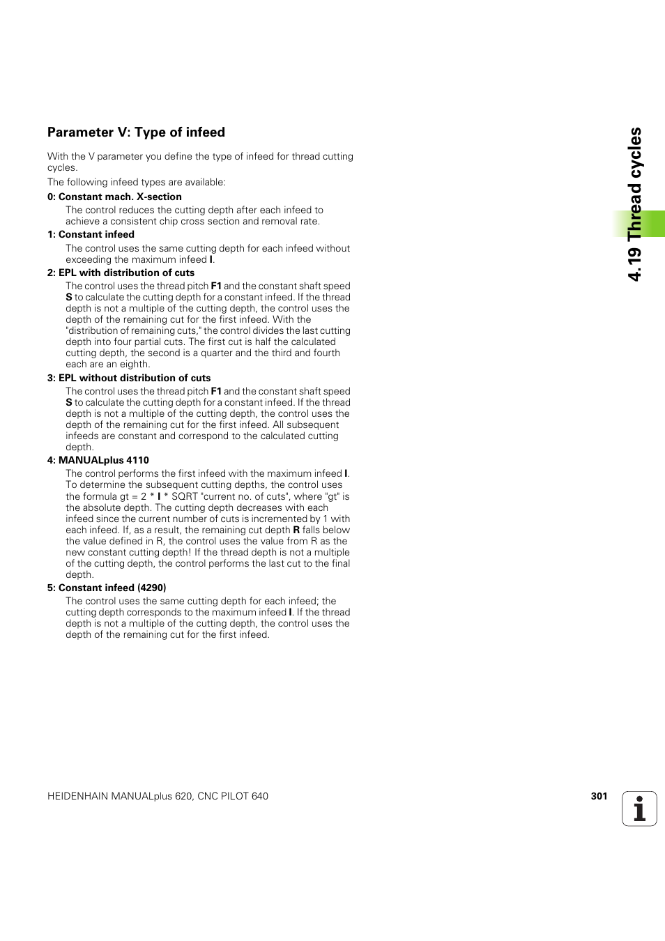 Parameter v: type of infeed, 1 9 thr ead cy cles | HEIDENHAIN SW 54843x-03 DIN Programming User Manual | Page 301 / 622