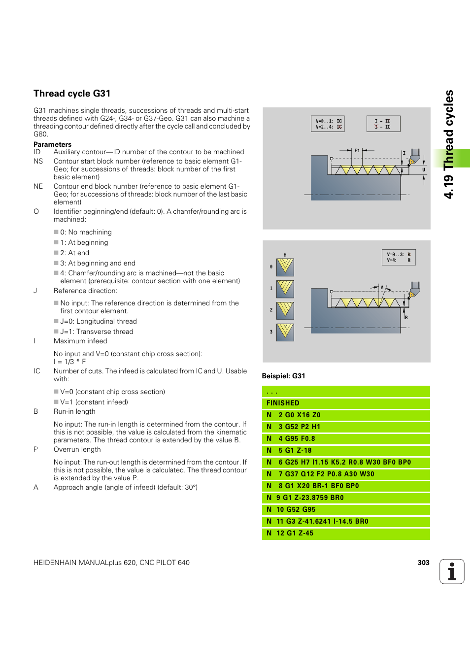 Thread cycle g31, 1 9 thr ead cy cles | HEIDENHAIN SW 54843x-03 DIN Programming User Manual | Page 303 / 622