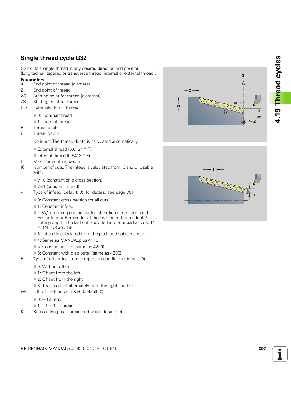 Single thread cycle g32, 1 9 thr ead cy cles | HEIDENHAIN SW 54843x-03 DIN Programming User Manual | Page 307 / 622