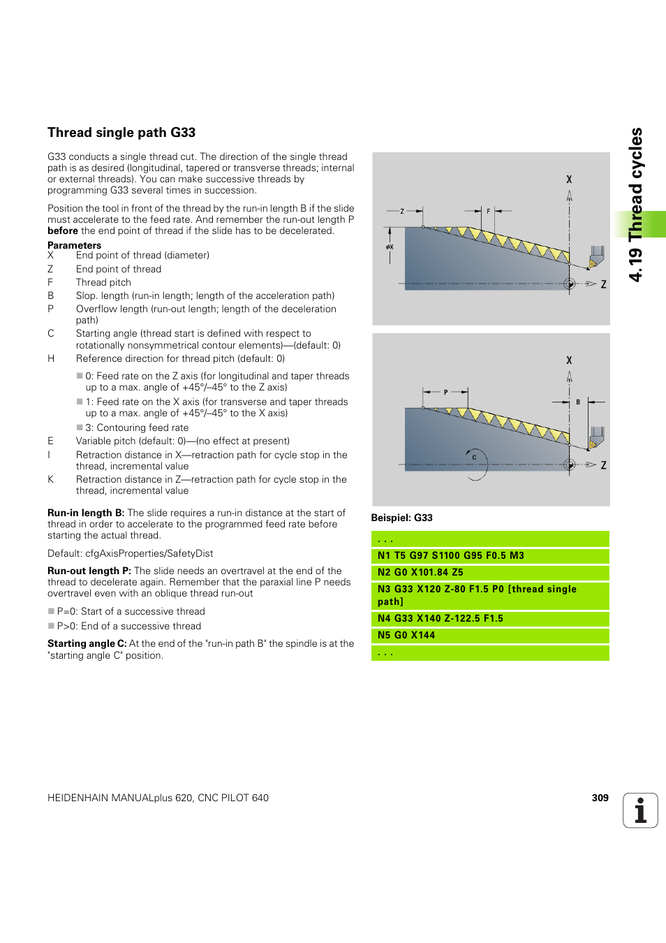 Thread single path g33, 1 9 thr ead cy cles | HEIDENHAIN SW 54843x-03 DIN Programming User Manual | Page 309 / 622