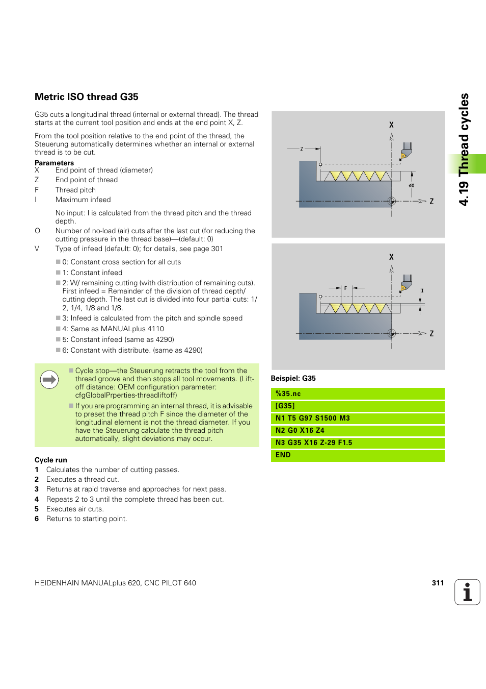 Metric iso thread g35, 1 9 thr ead cy cles | HEIDENHAIN SW 54843x-03 DIN Programming User Manual | Page 311 / 622