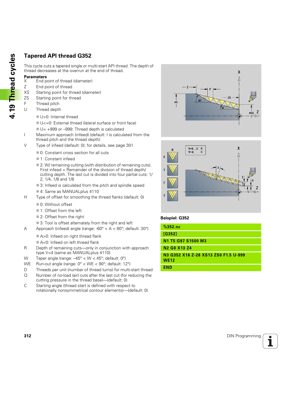 Tapered api thread g352, 1 9 thr ead cy cles | HEIDENHAIN SW 54843x-03 DIN Programming User Manual | Page 312 / 622