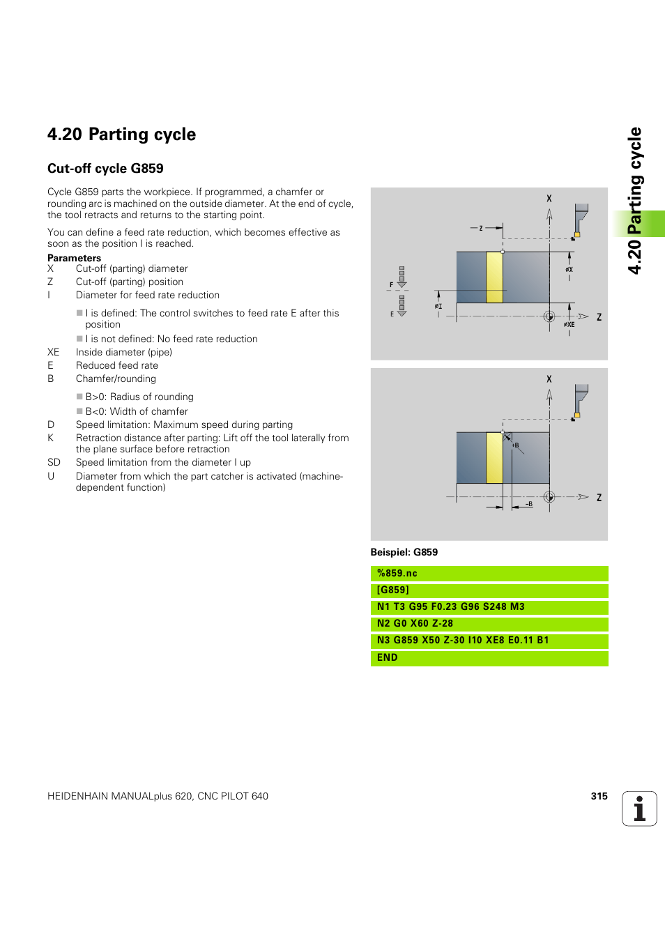 20 parting cycle, Cut-off cycle g859 | HEIDENHAIN SW 54843x-03 DIN Programming User Manual | Page 315 / 622
