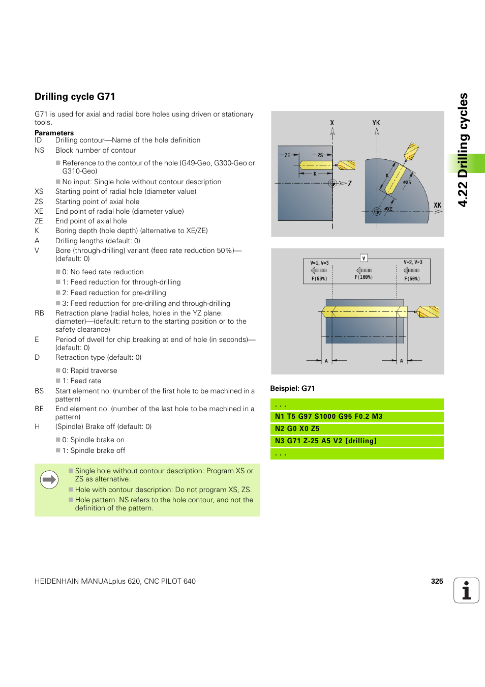 Drilling cycle g71, 22 dr illing cy cles | HEIDENHAIN SW 54843x-03 DIN Programming User Manual | Page 325 / 622