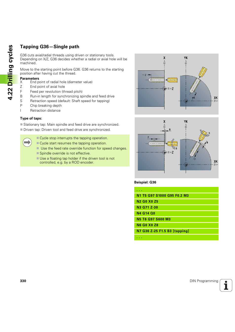 Tapping g36—single path, 22 dr illing cy cles | HEIDENHAIN SW 54843x-03 DIN Programming User Manual | Page 330 / 622