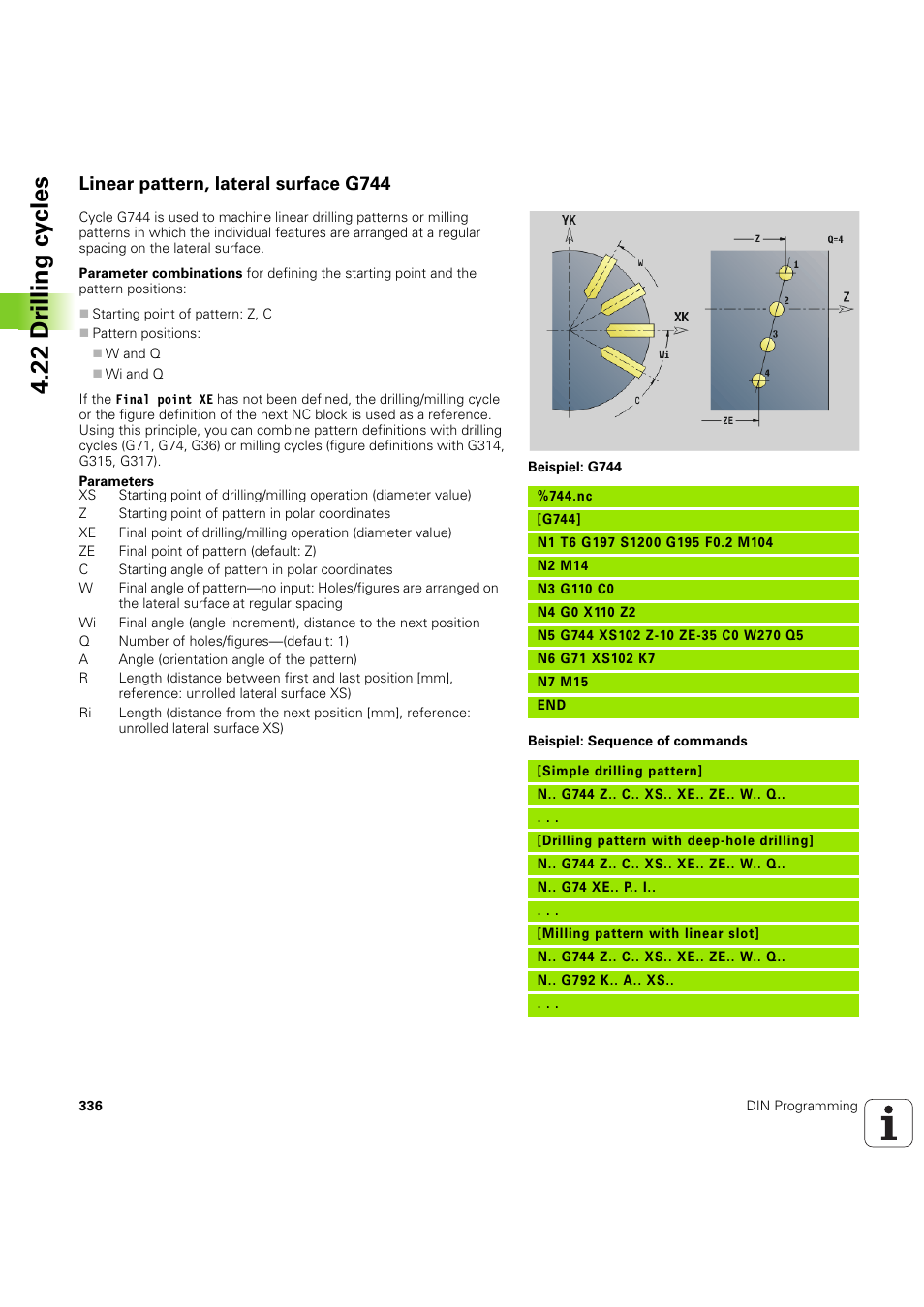 Linear pattern, lateral surface g744, 22 dr illing cy cles | HEIDENHAIN SW 54843x-03 DIN Programming User Manual | Page 336 / 622