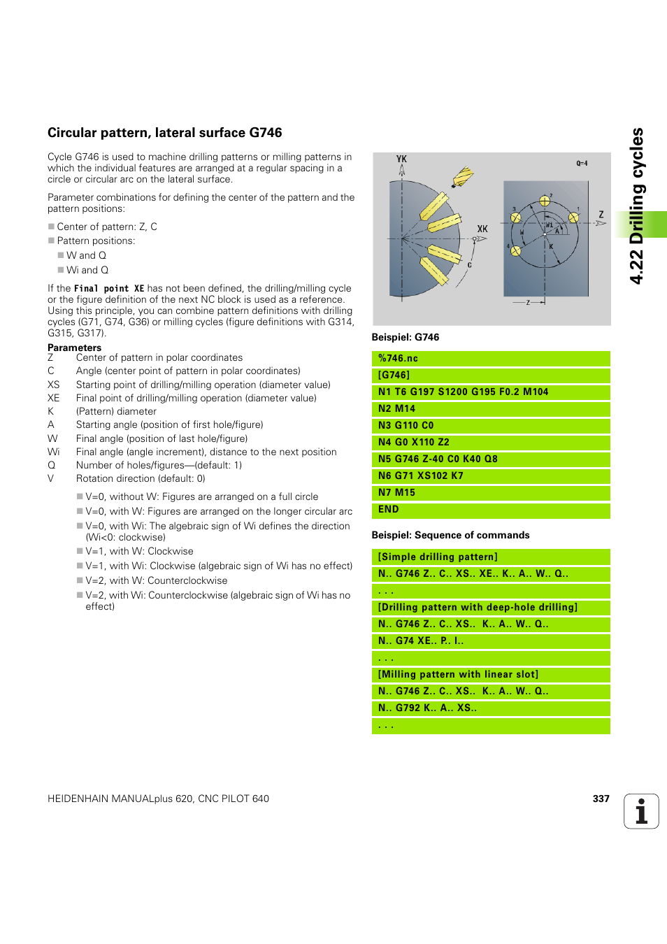 Circular pattern, lateral surface g746, 22 dr illing cy cles | HEIDENHAIN SW 54843x-03 DIN Programming User Manual | Page 337 / 622
