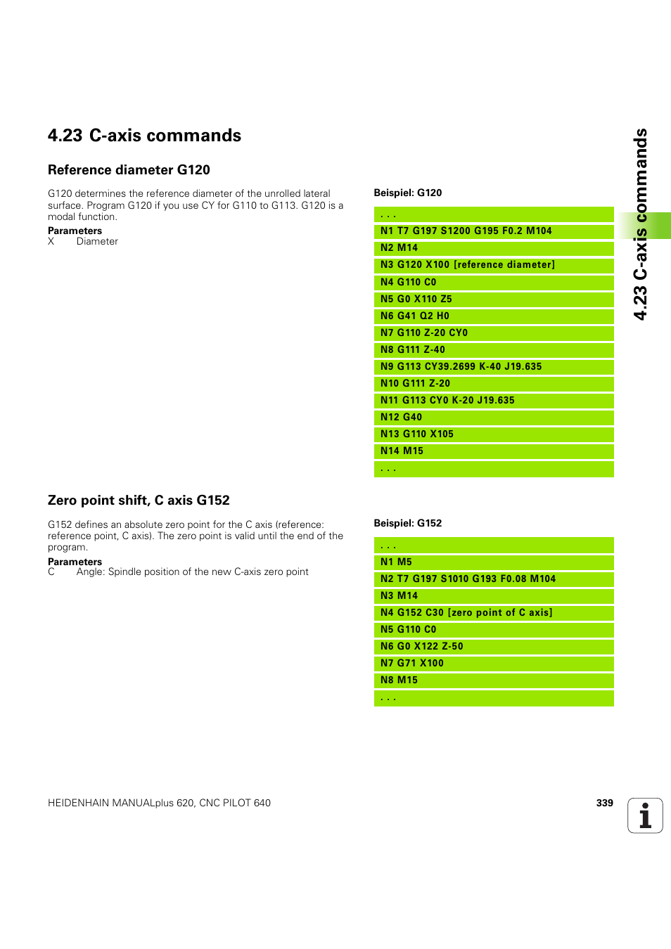 23 c-axis commands, Reference diameter g120, Zero point shift, c axis g152 | HEIDENHAIN SW 54843x-03 DIN Programming User Manual | Page 339 / 622