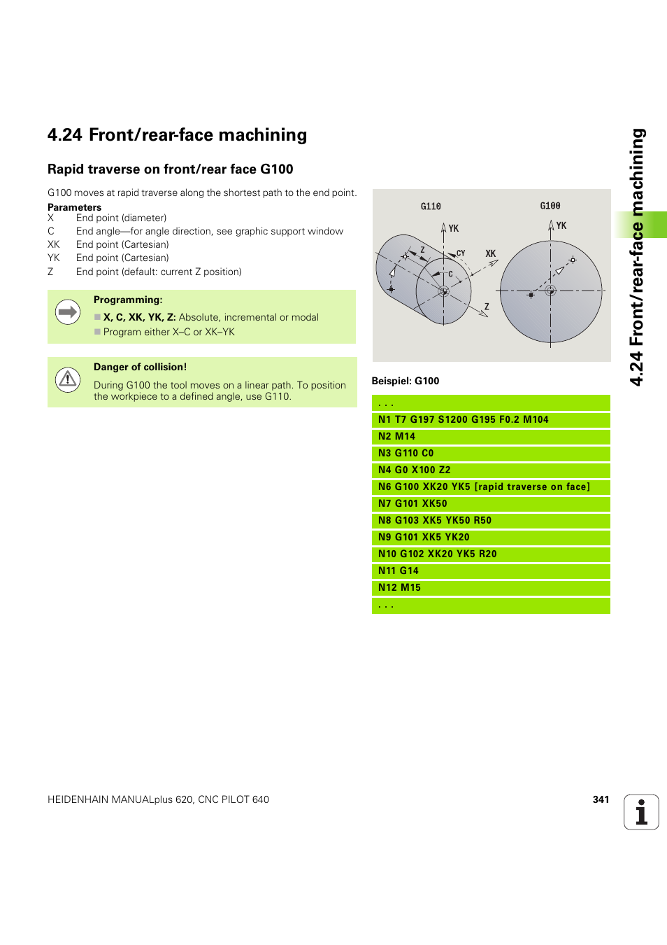 24 front/rear-face machining, Rapid traverse on front/rear face g100 | HEIDENHAIN SW 54843x-03 DIN Programming User Manual | Page 341 / 622