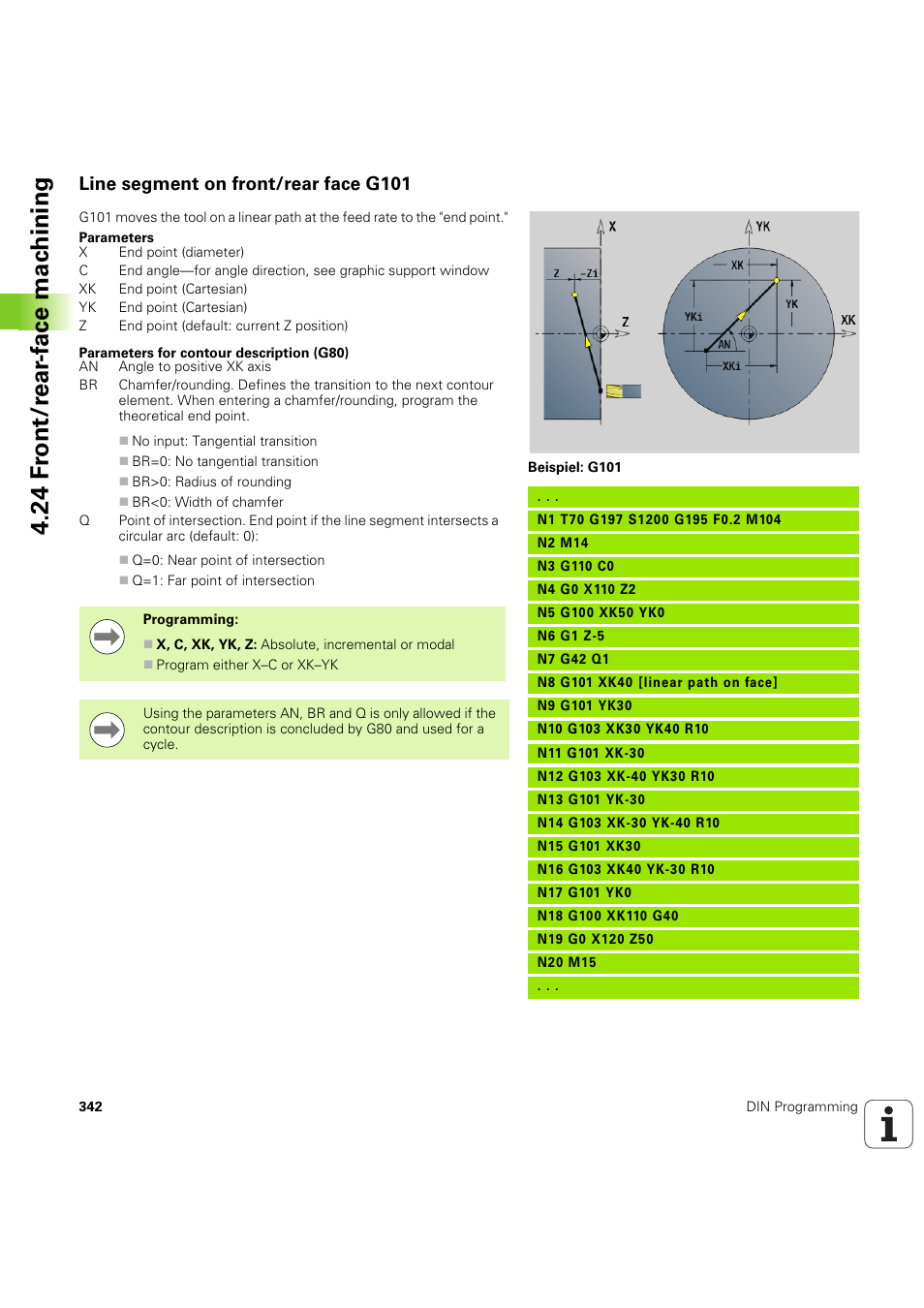 Line segment on front/rear face g101, 24 f ront/r ear -f ace mac h ining | HEIDENHAIN SW 54843x-03 DIN Programming User Manual | Page 342 / 622