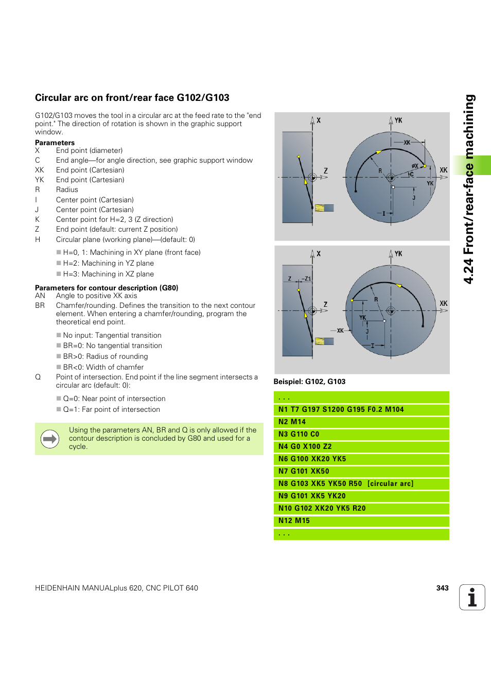 Circular arc on front/rear face g102/g103, 24 f ront/r ear -f ace mac h ining | HEIDENHAIN SW 54843x-03 DIN Programming User Manual | Page 343 / 622