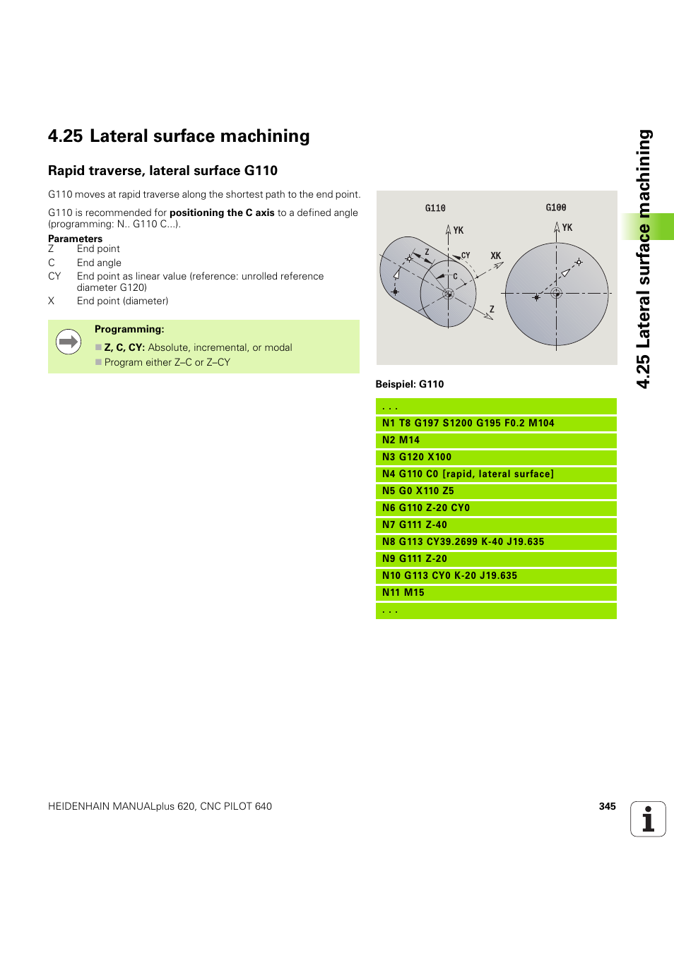 25 lateral surface machining, Rapid traverse, lateral surface g110 | HEIDENHAIN SW 54843x-03 DIN Programming User Manual | Page 345 / 622