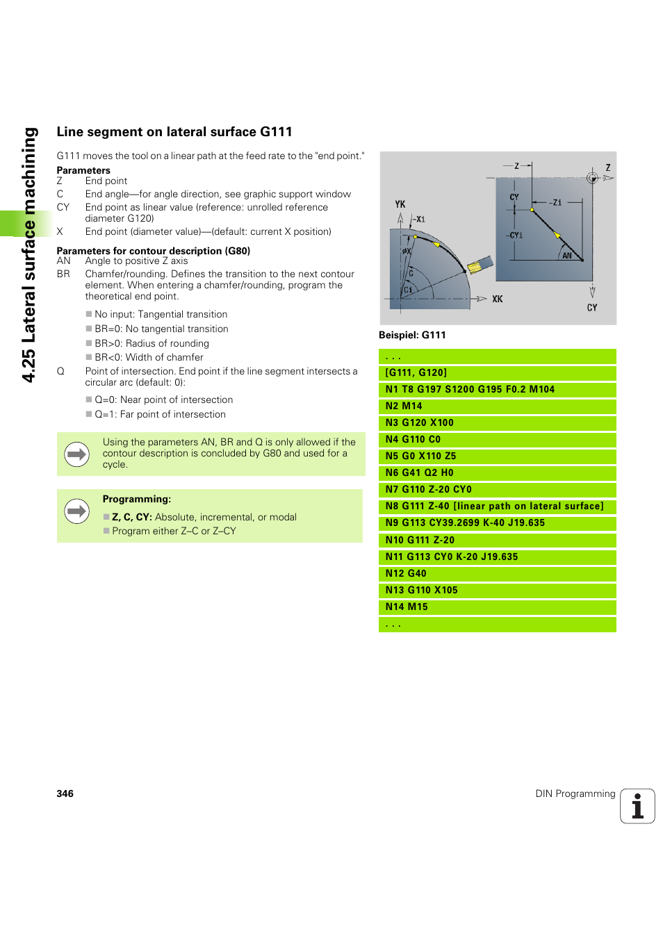 Line segment on lateral surface g111, 25 lat e ra l surf ace mac h ining | HEIDENHAIN SW 54843x-03 DIN Programming User Manual | Page 346 / 622